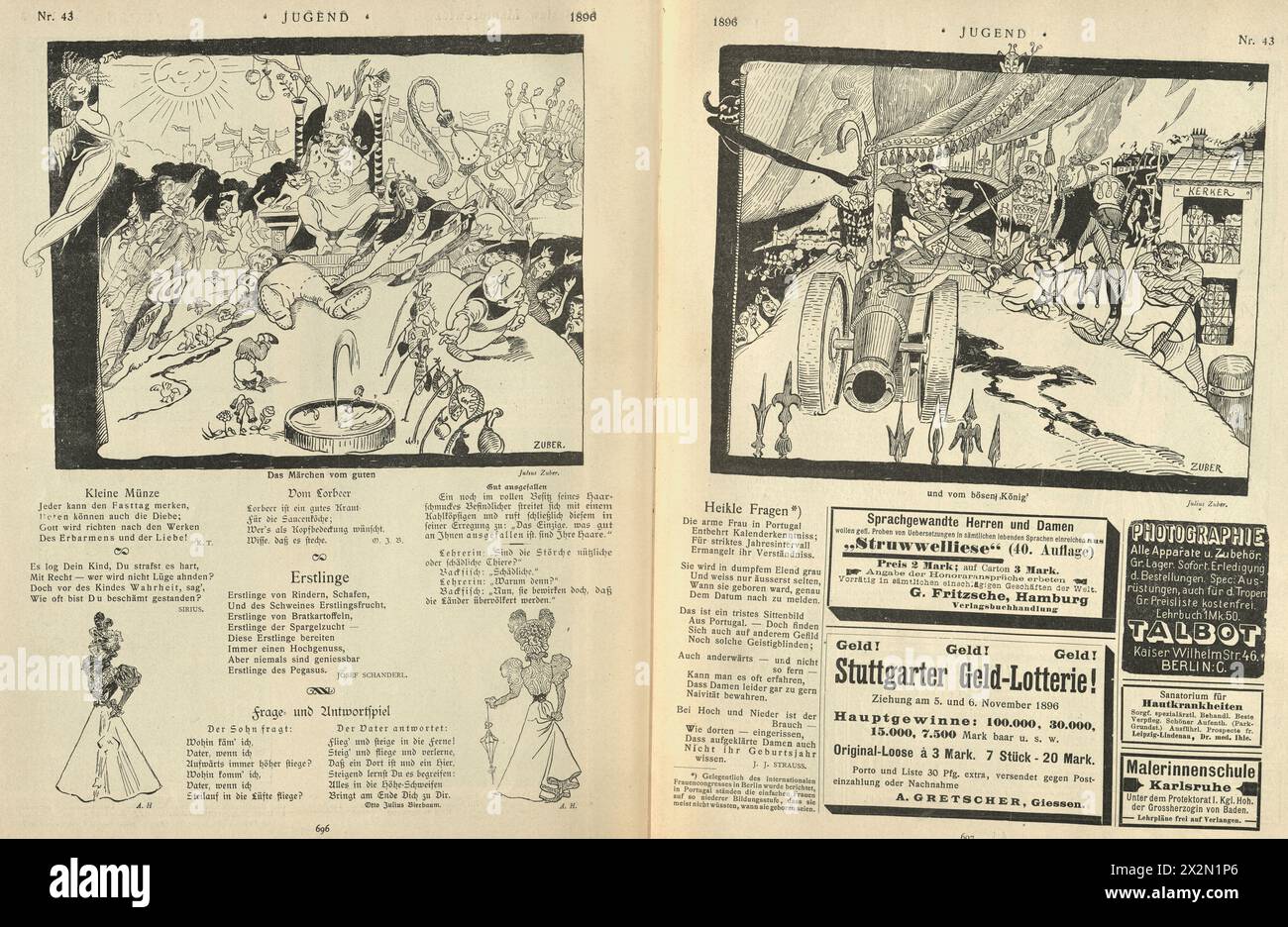 Illustration vintage dessin animé satirique, le conte de fées du bon roi et du mauvais roi, Jugendstil, Art Nouveau, années 1890, 19ème siècle Banque D'Images