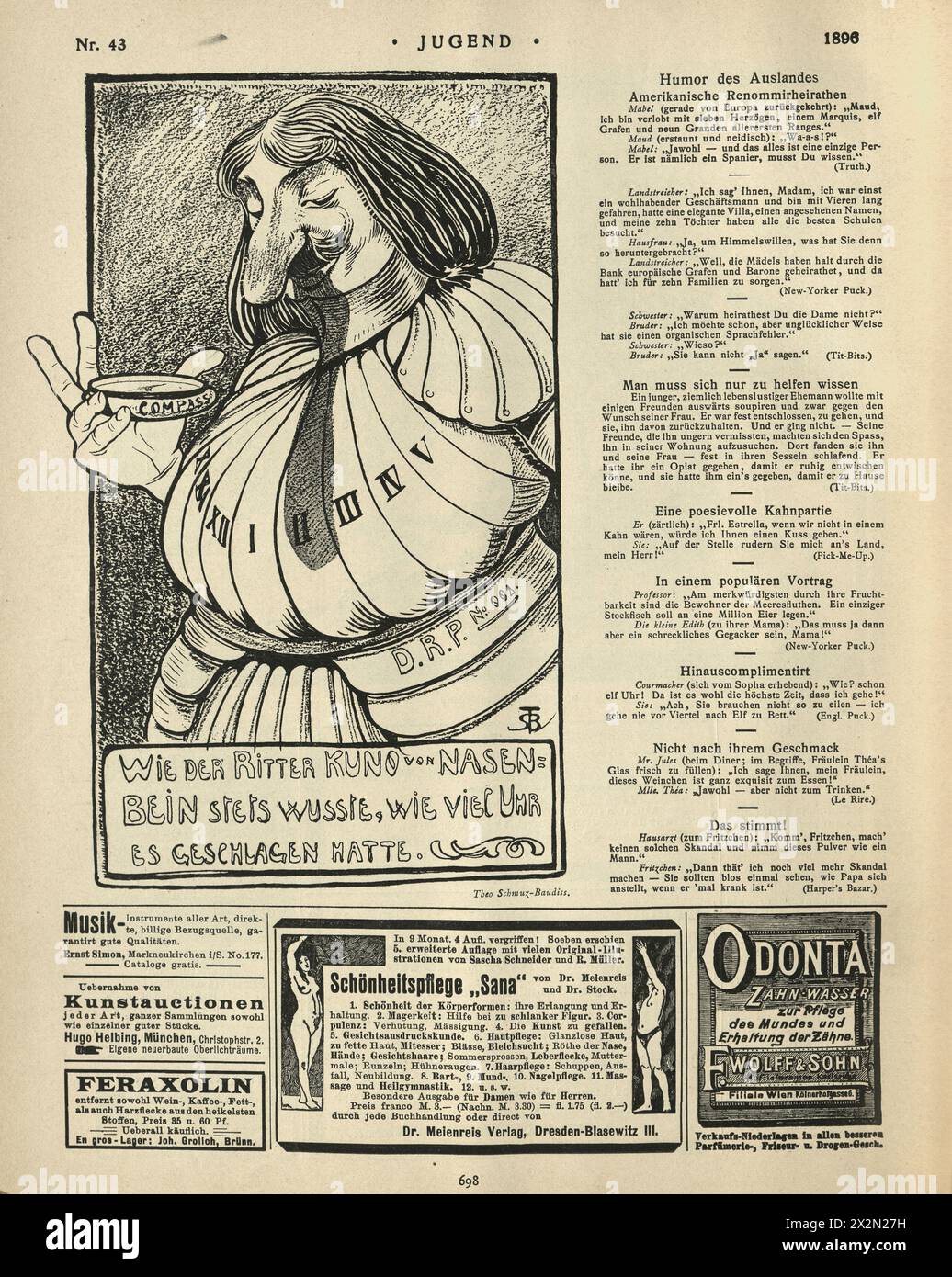 Illustration vintage dessin animé satirique, annonces, Jugendstil, Art Nouveau, années 1890, XIXe siècle Banque D'Images