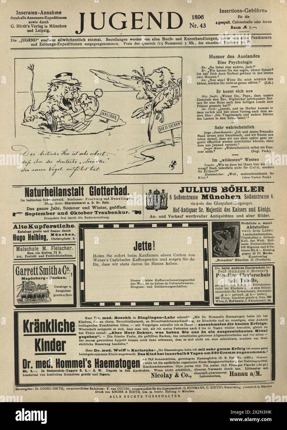 Illustration vintage dessin animé satirique, Zanzibar, colonialisme, annonces, Jugendstil, art Nouveau, années 1890, XIXe siècle Banque D'Images