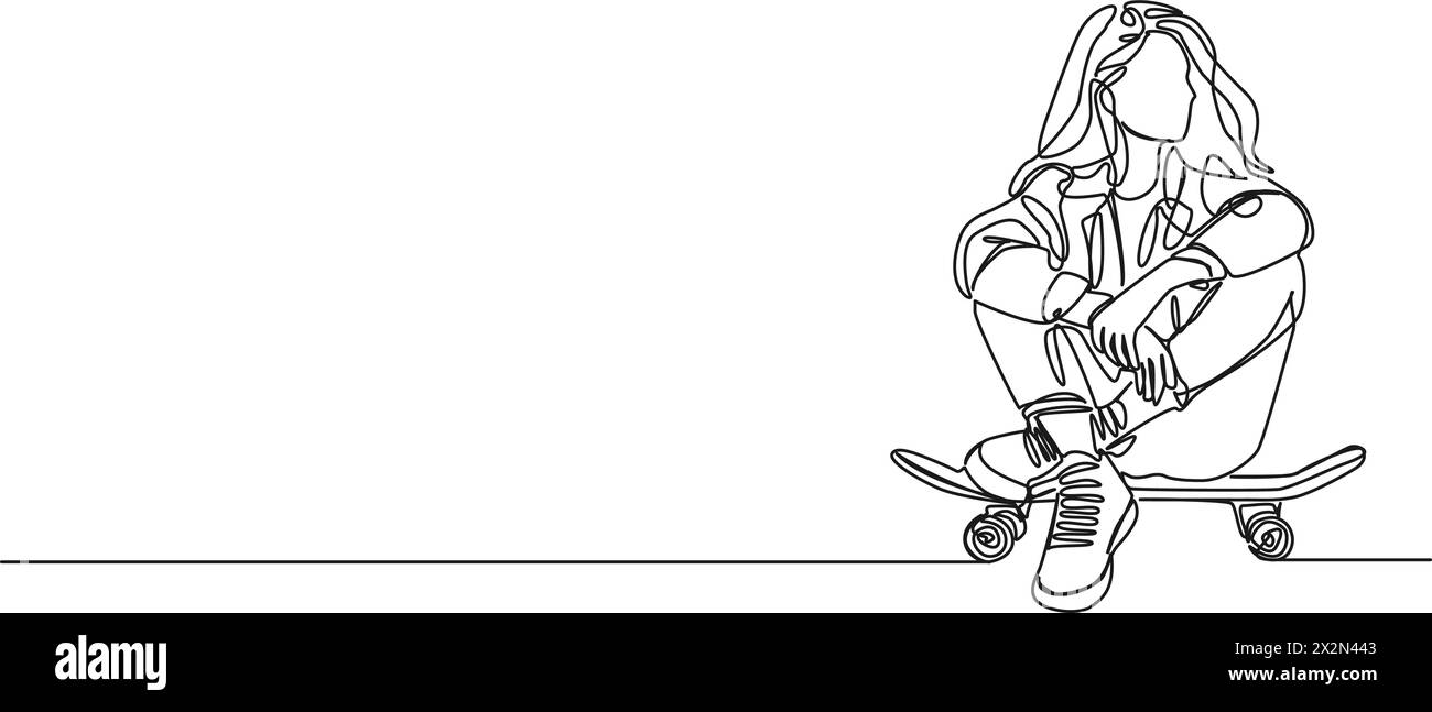 dessin en ligne simple continu de la jeune femme assise sur le skateboard, illustration vectorielle d'art au trait Illustration de Vecteur