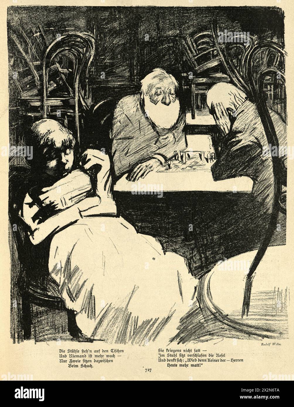 Vintage illustration femme ennuyée dormant, tandis que deux hommes jouent un jeu d'échecs, allemand, Jugendstil, Art Nouveau, années 1890, XIXe siècle Banque D'Images