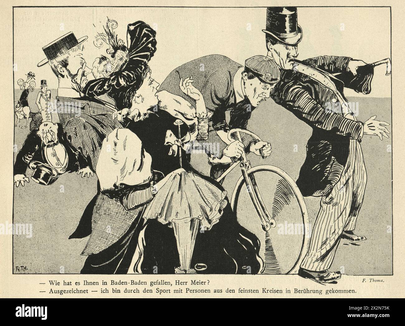 Illustration Vintage Cartoon, cycliste renversant piéton, Jugendstil, Art Nouveau, années 1890, 19ème siècle Banque D'Images