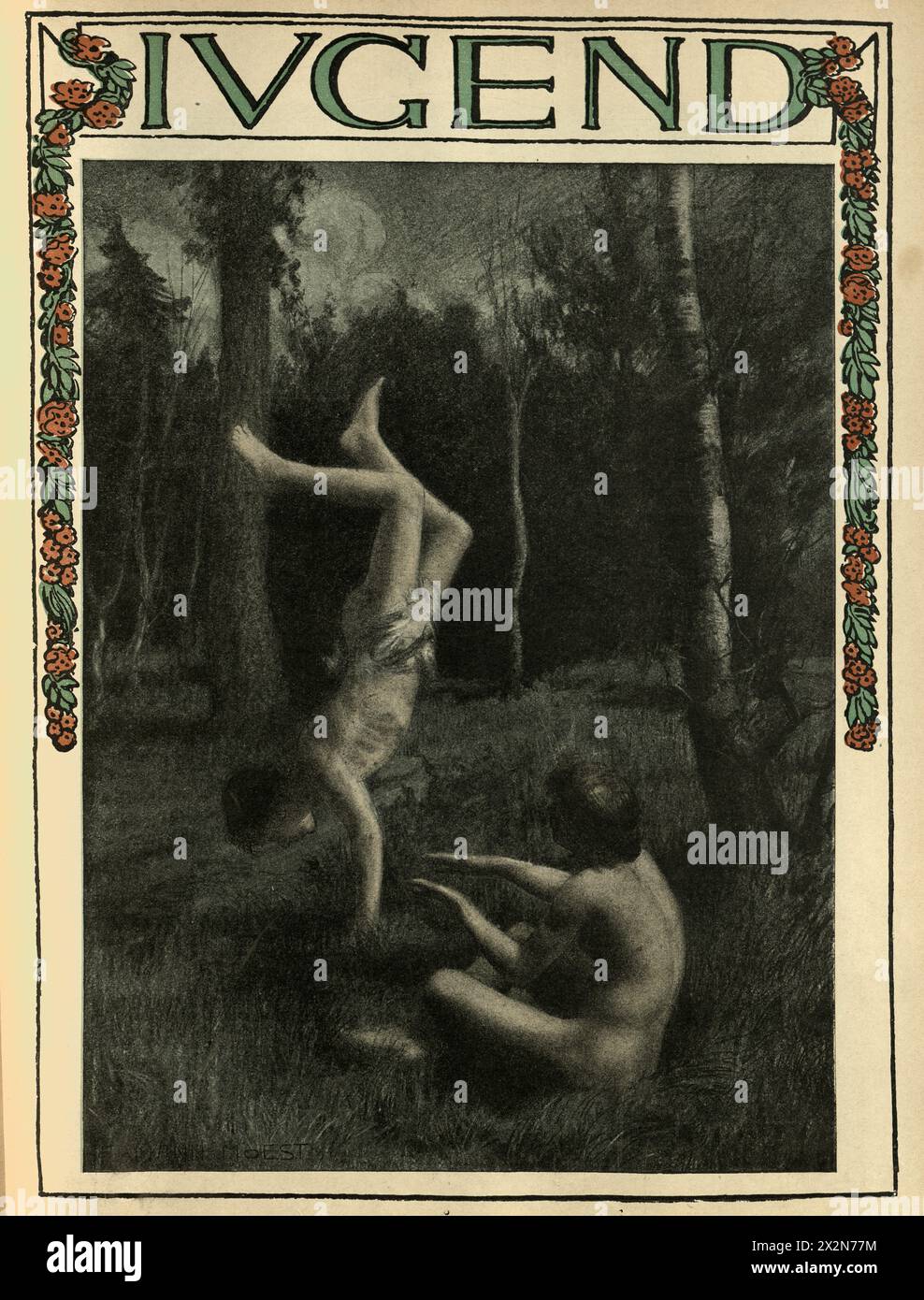 Vintage illustration garçons jouant dans la forêt, Handstand, allemand, Jugendstil, Art Nouveau, années 1890, XIXe siècle. Banque D'Images
