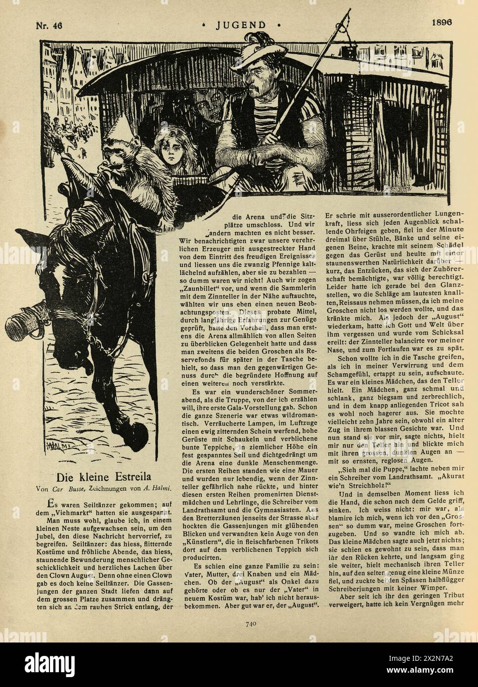 Illustration vintage cirque itinérant arrivant en ville, allemand, Jugendstil, Art Nouveau, années 1890, XIXe siècle. Banque D'Images