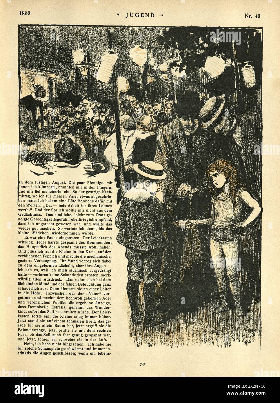 Vintage illustration Travelling Circus, Girl acrobat demandant des conseils après performance, allemand, Jugendstil, Art Nouveau, années 1890, XIXe siècle. Banque D'Images
