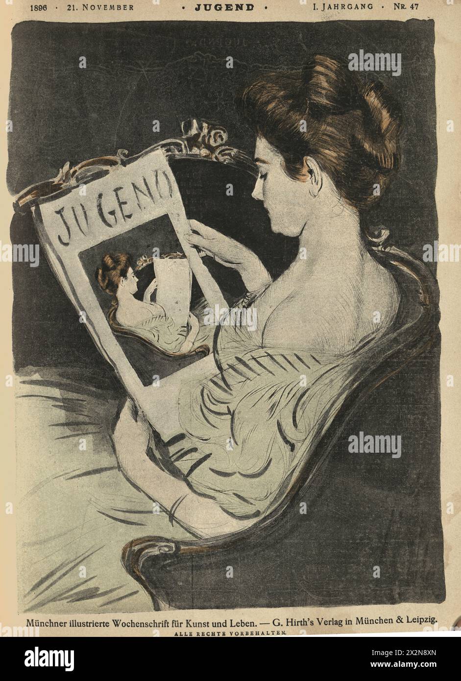 Vintage illustration femme regardant le magazine avec elle-même sur la couverture, Jugendstil, Art Nouveau, années 1890, 19ème siècle. Banque D'Images