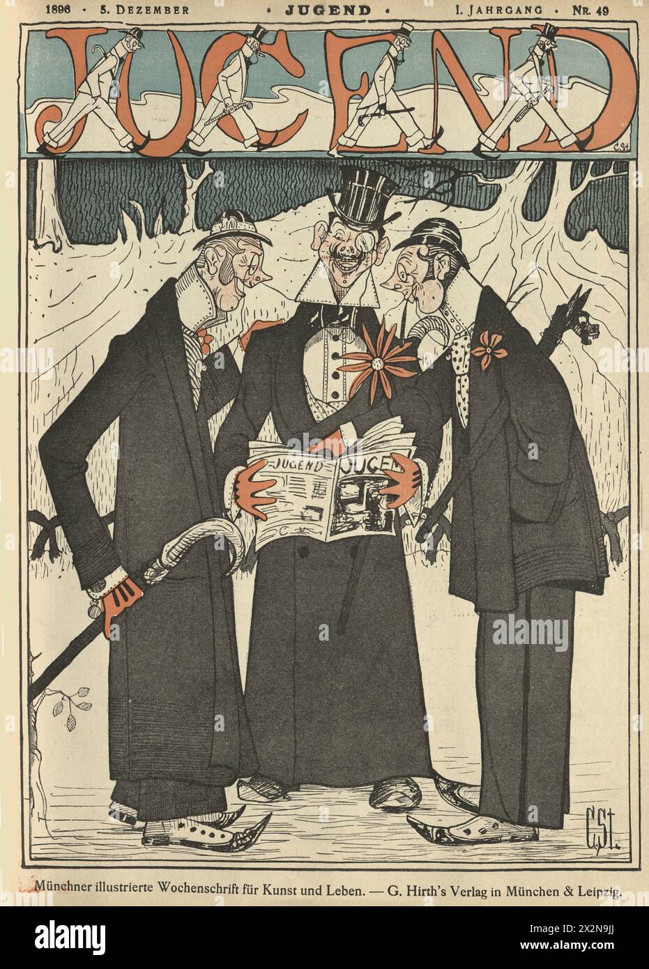 Illustration vintage, Art Nouveau de trois hommes lisant un magazine, Jugend, allemand, années 1890, XIXe siècle Banque D'Images