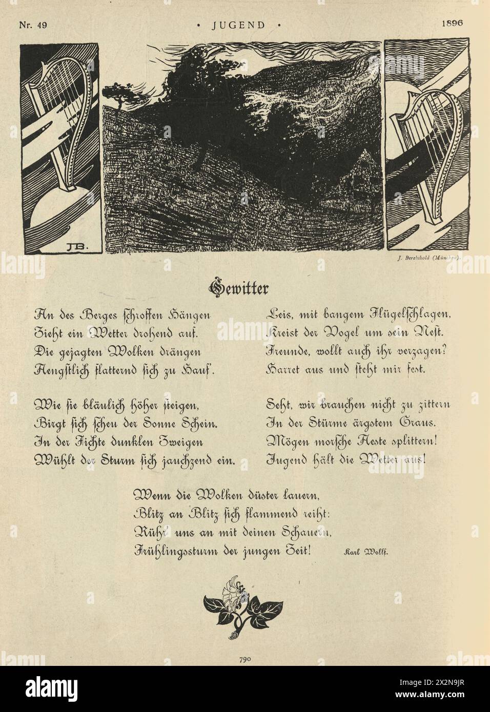 Illustration vintage, Art Nouveau poème allemand, Thunderstorm, années 1890, XIXe siècle Banque D'Images