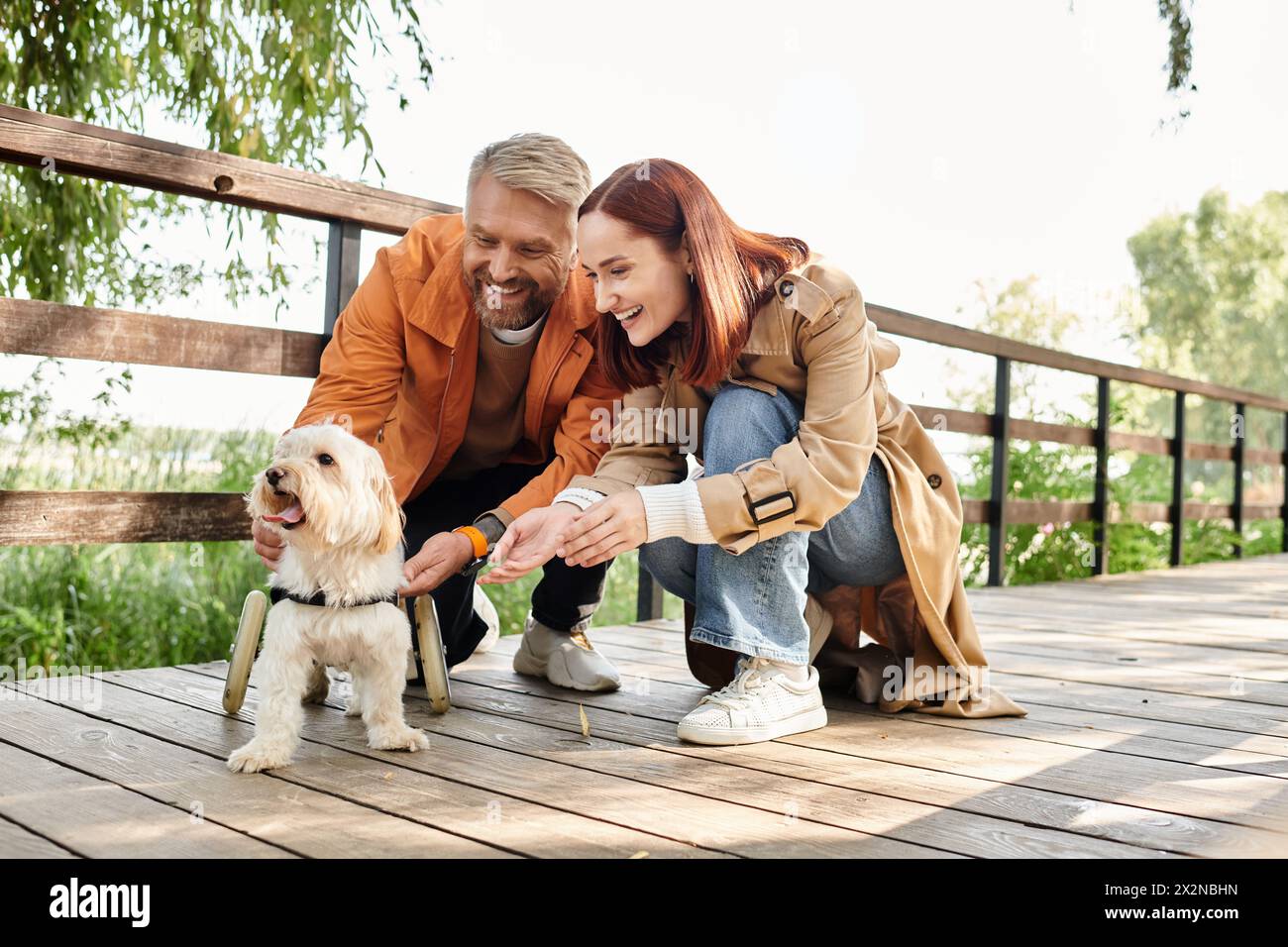 Un couple adulte aimant en tenue décontractée accueille un petit chien tout en faisant une promenade dans le parc. Banque D'Images