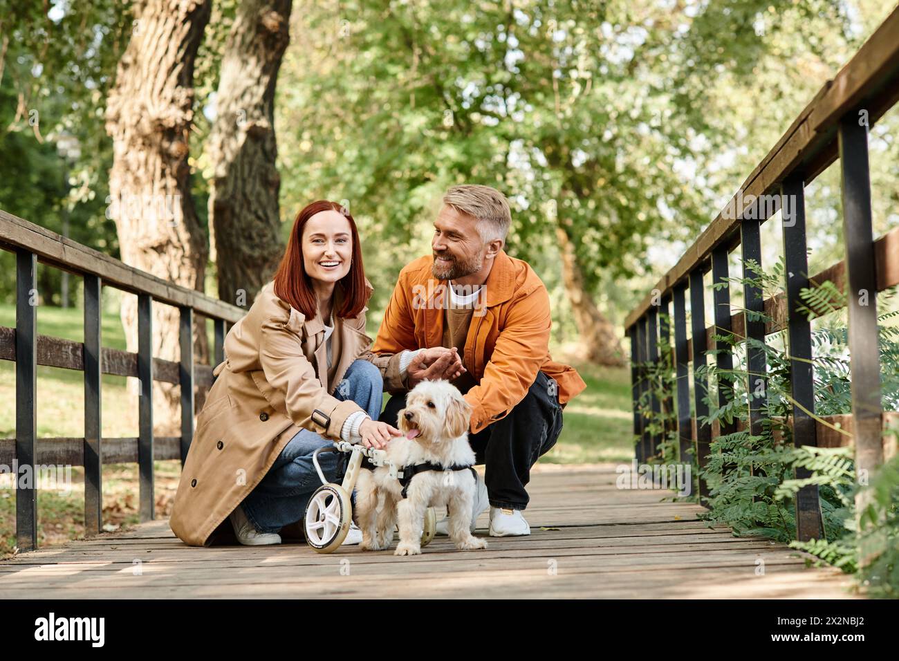 Un couple aimant est assis sur un pont avec leurs deux chiens, profitant d'un moment paisible dans le parc. Banque D'Images