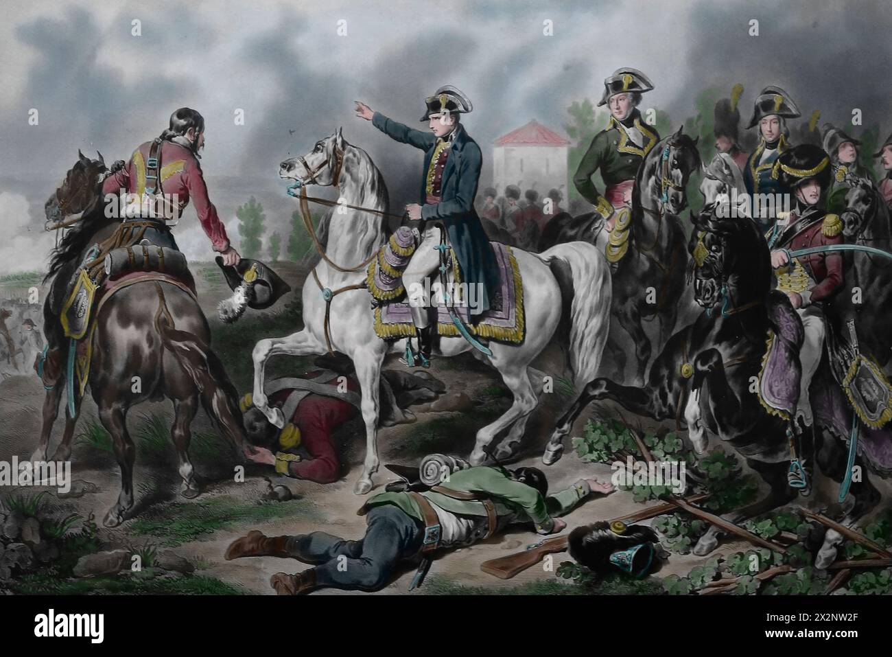 Italie. Occupation française / ère révolutionnaire 1796-1799. Napoléon dans la bataille de Marengo. Guerre de la deuxième Coalition. Juin 1800 - lithographie, c. 1860. Banque D'Images