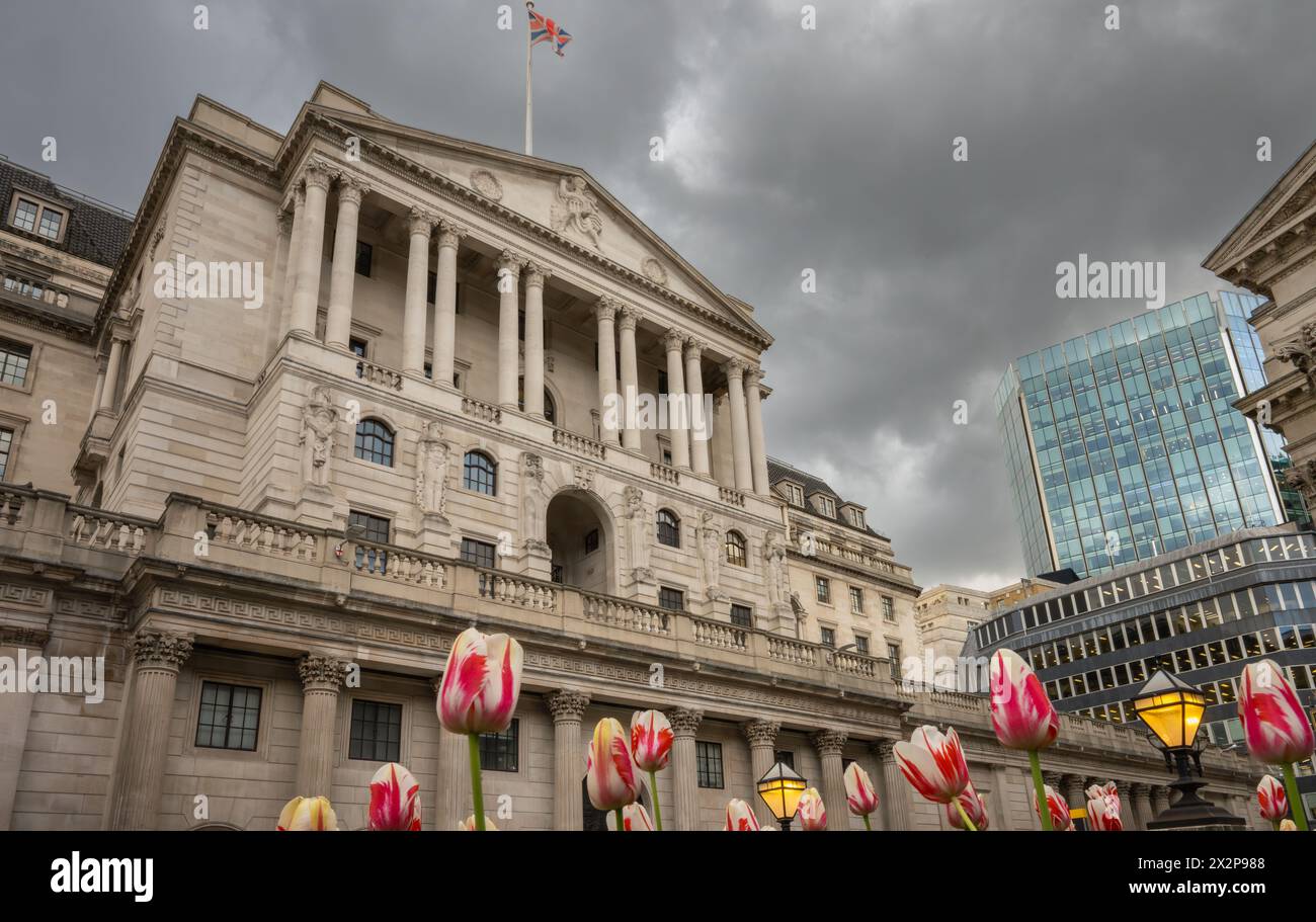 Londres, Royaume-Uni : bâtiment de la Banque d'Angleterre dans la City de Londres avec des tulipes au premier plan. Banque D'Images