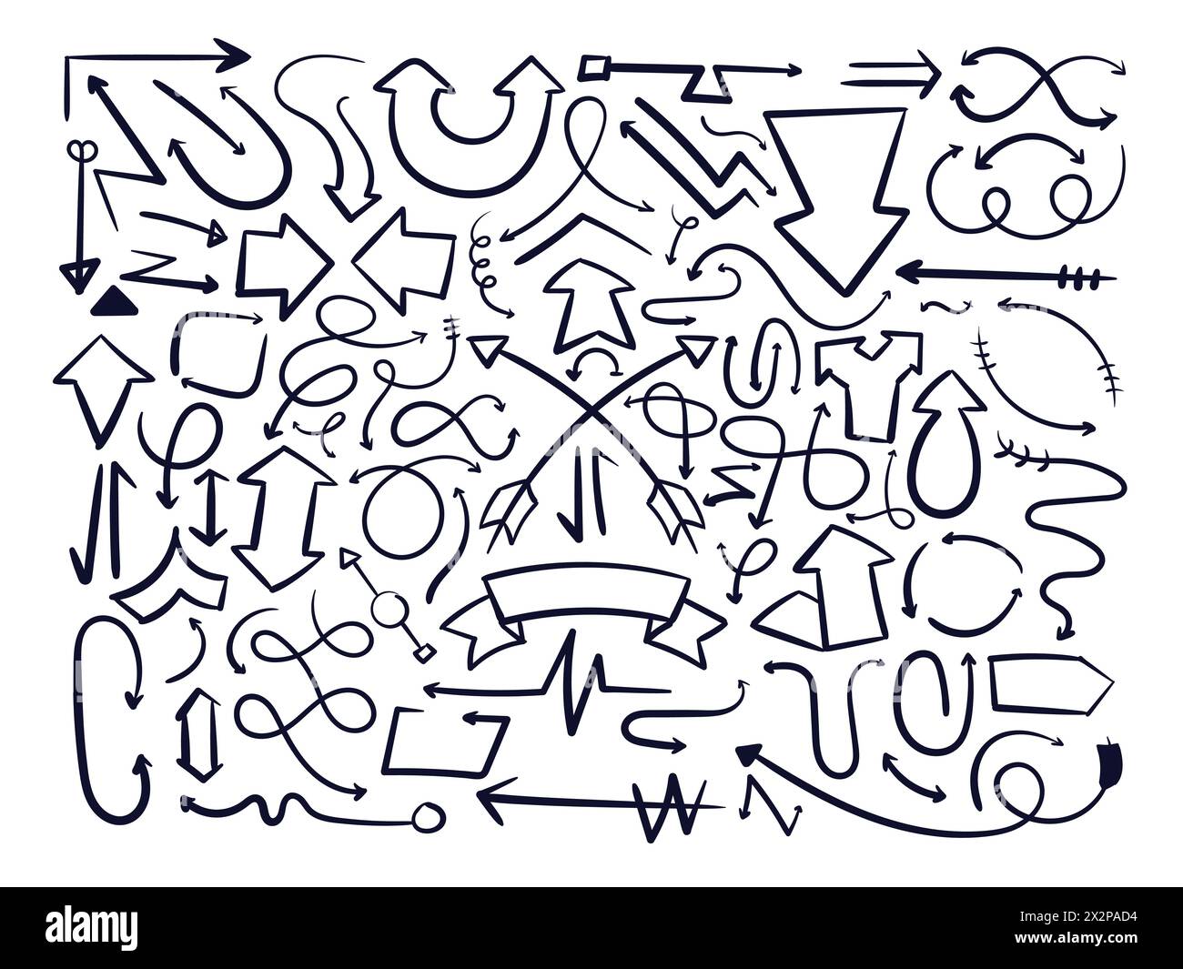 Flèche griffonnage. Vecteur de jeu de dessin Scribbles de flèche. Vecteur de jeu de gribouillage de flèche. Illustration de Vecteur