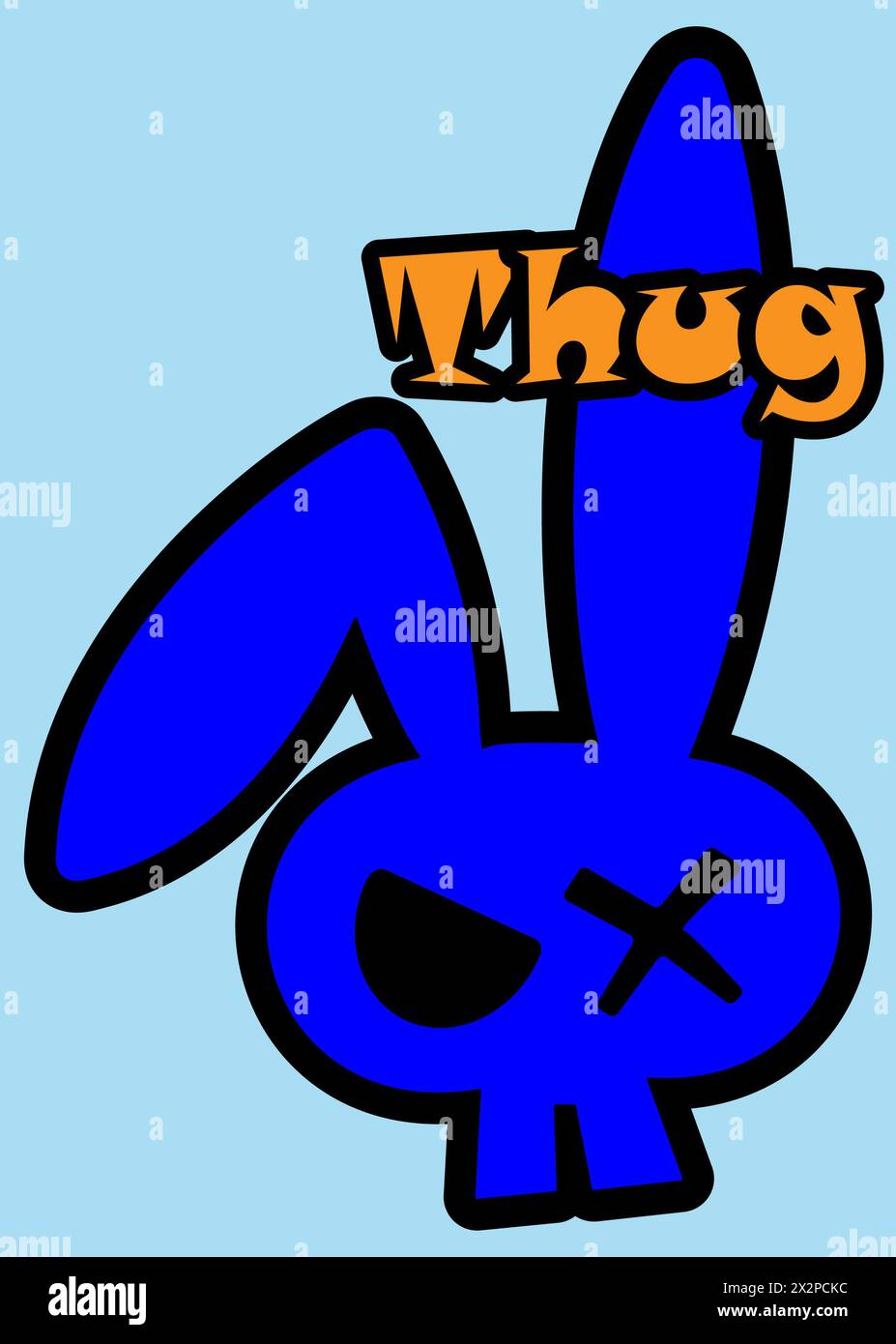 Un lapin de voyou, lapin, lapin de style bande dessinée avec un regard maléfique, illustration de lapin, le mot voyou, couleurs bleu et orange, signe et étiquette cool Banque D'Images