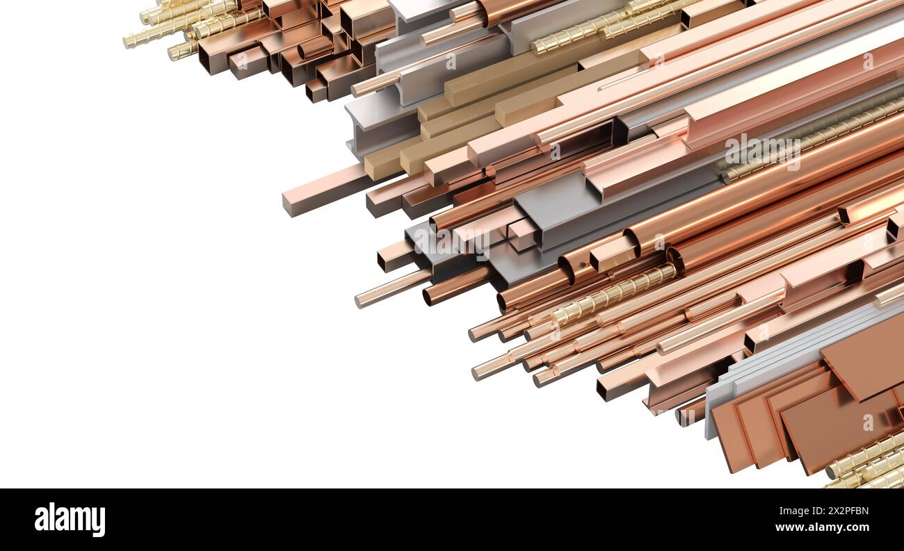 Arrangement abstrait de tuyaux et tubes métalliques brillants de couleur cuivre. rendu 3d. Banque D'Images