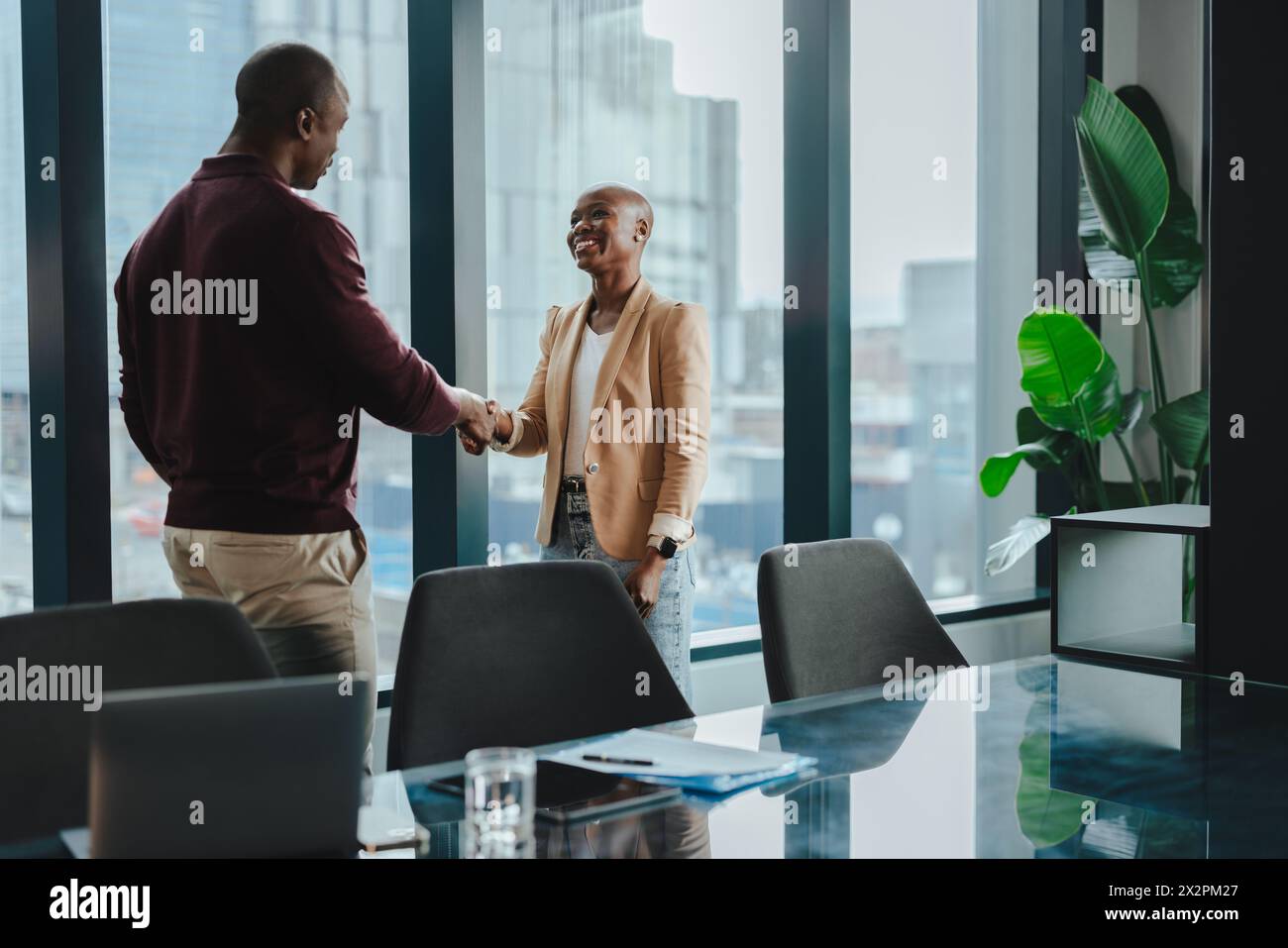 Deux hommes d'affaires, un homme et une femme, ont une réunion réussie dans une salle de conseil d'administration. Ils se serrent la main, symbolisant le partenariat, la collaboration, Banque D'Images