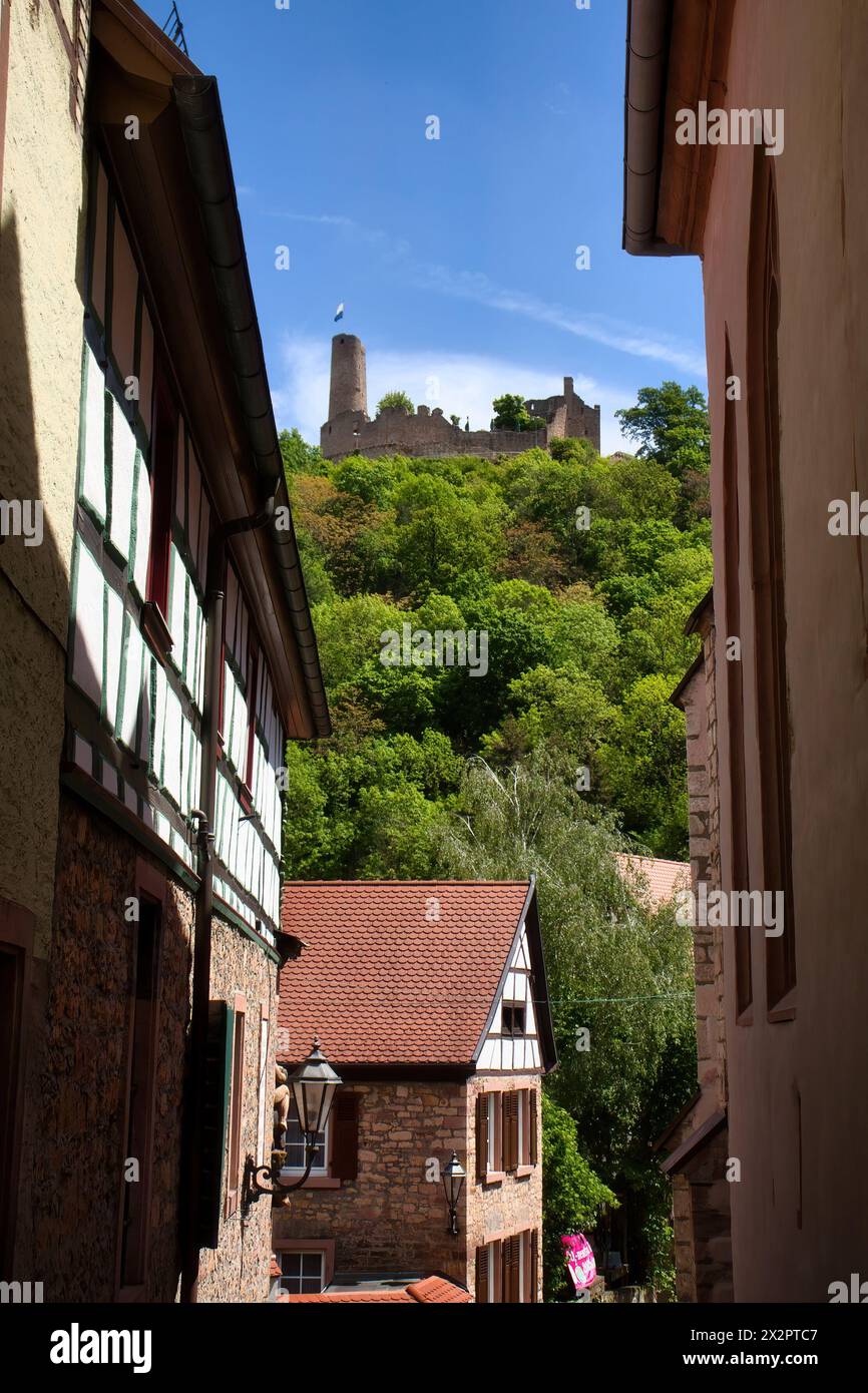 Weinheim, Allemagne - 19 mai 2021 : Château sur une colline avec des arbres au-dessus des bâtiments historiques à Weinheim, Allemagne un jour de printemps. Banque D'Images