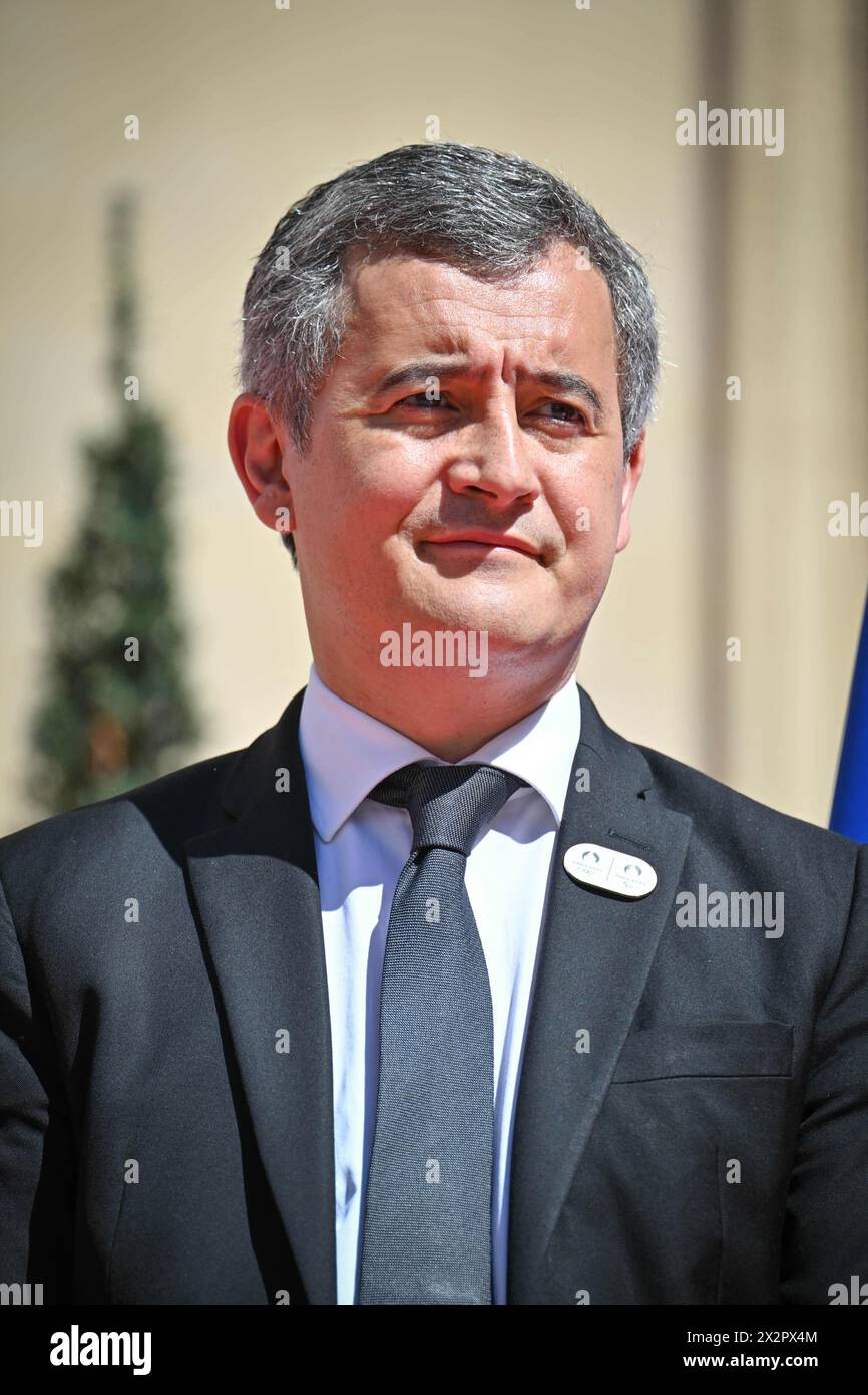 Paris, France. 23 avril 2024. Gerald Darmanin, ministre français de l'intérieur lors de la réception de la tournée du drapeau à la place Beauvau le 23 avril 2024, à Paris, France. Photo de Tomas Stevens/ABACAPRESS.COM crédit : Abaca Press/Alamy Live News Banque D'Images