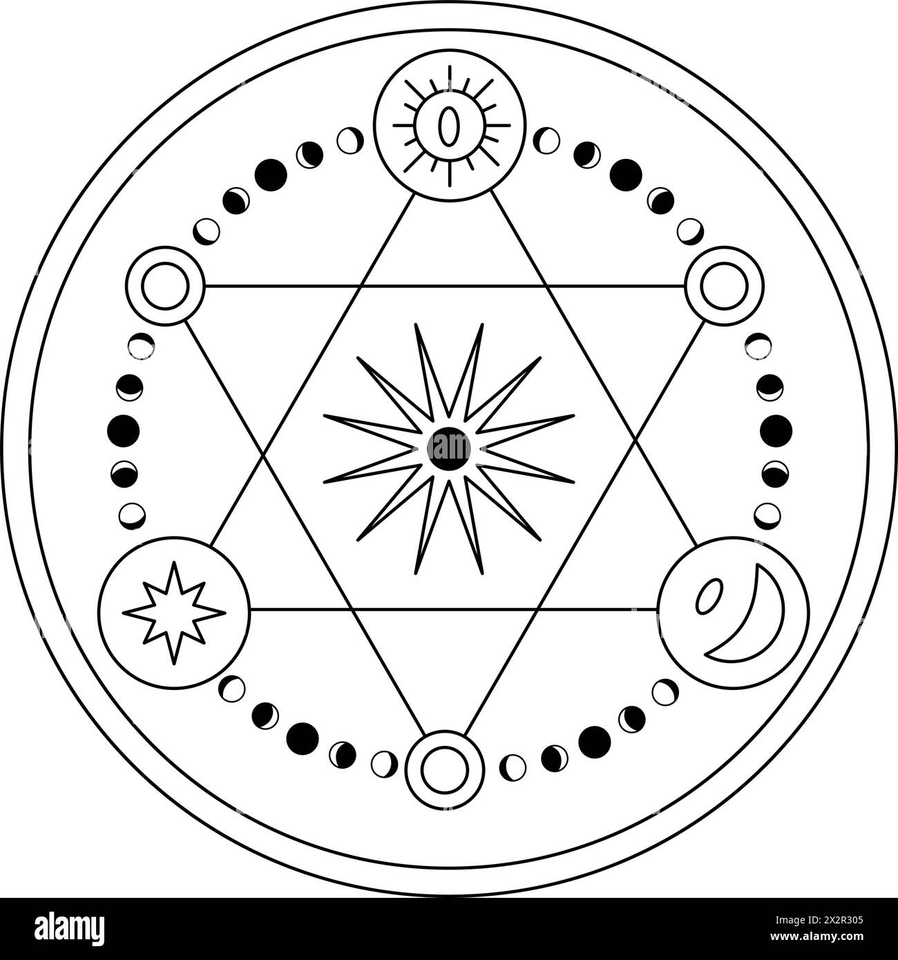 Vecteur magique symbole ésotérique. Illustration du signe mystique occulte avec soleil, phases de lune, étoile et croissant dans le style linéaire. Dessin rond de contour de fantaisie pour icône ou logo. Noir et blanc. Illustration de Vecteur