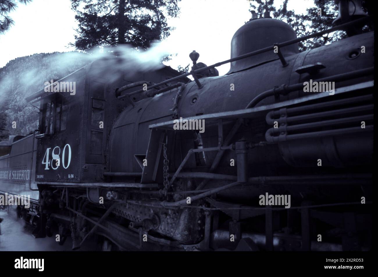 Locomotive Durango & Silverton stationnée avec de la vapeur dans une forêt de montagne. Banque D'Images