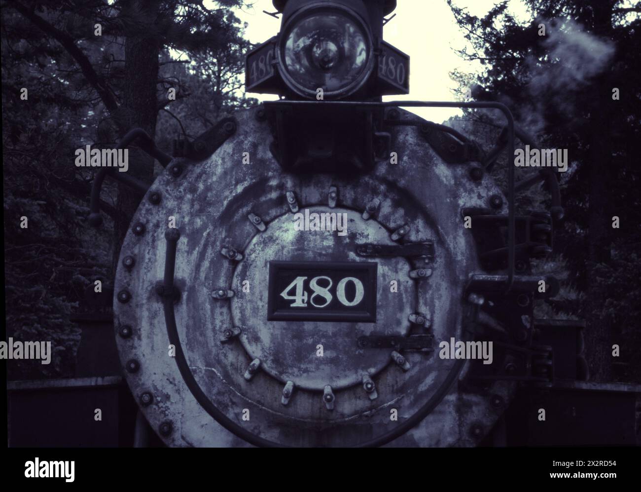 La porte de la boîte à fumée et le phare de la locomotive à vapeur se trouvent dans une forêt de montagne. Banque D'Images