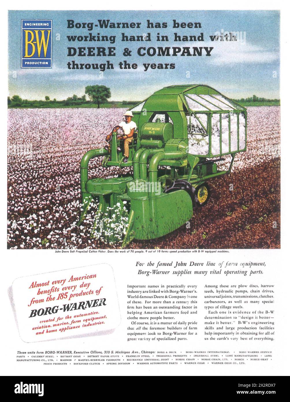 1951 publicité Borg-Warner Engineering Products - John Deere & Co. Moissonneuse-batteuse à cueilleur de coton Banque D'Images