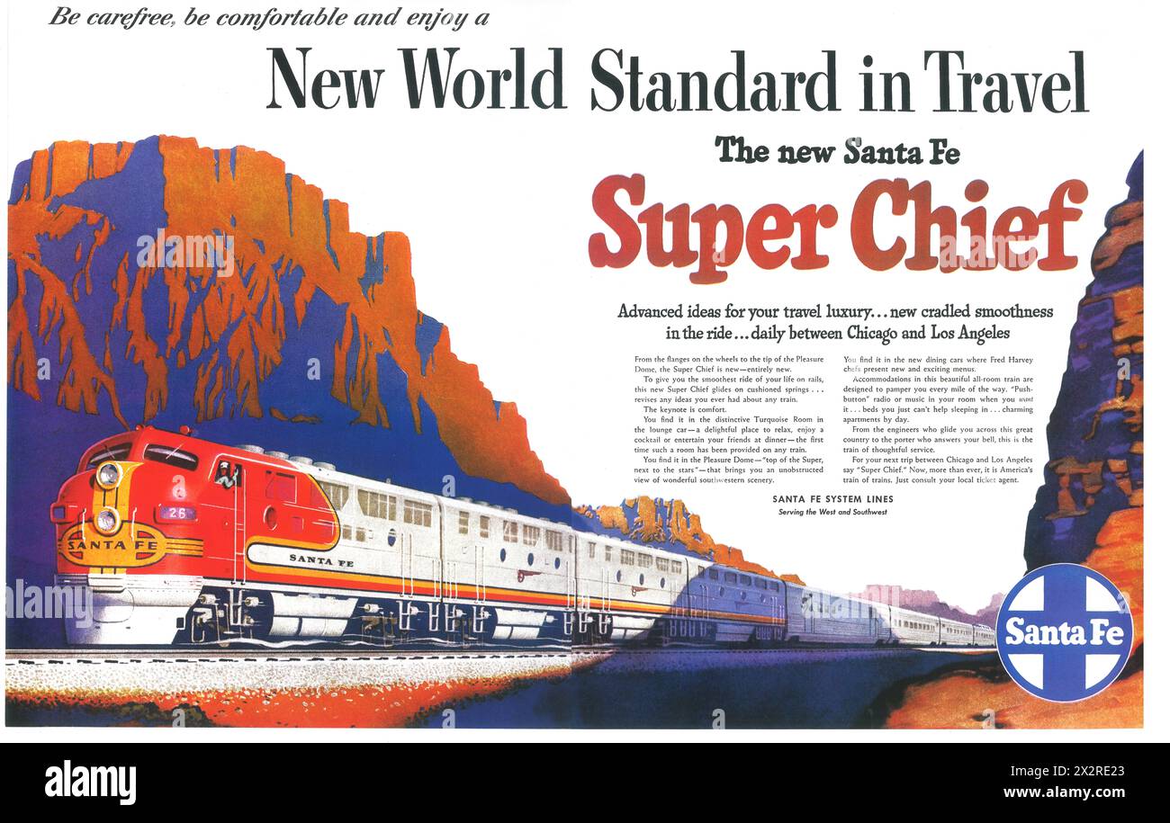 Annonce de chemin de fer Santa Fe des années 1950 - train Super Chief Banque D'Images