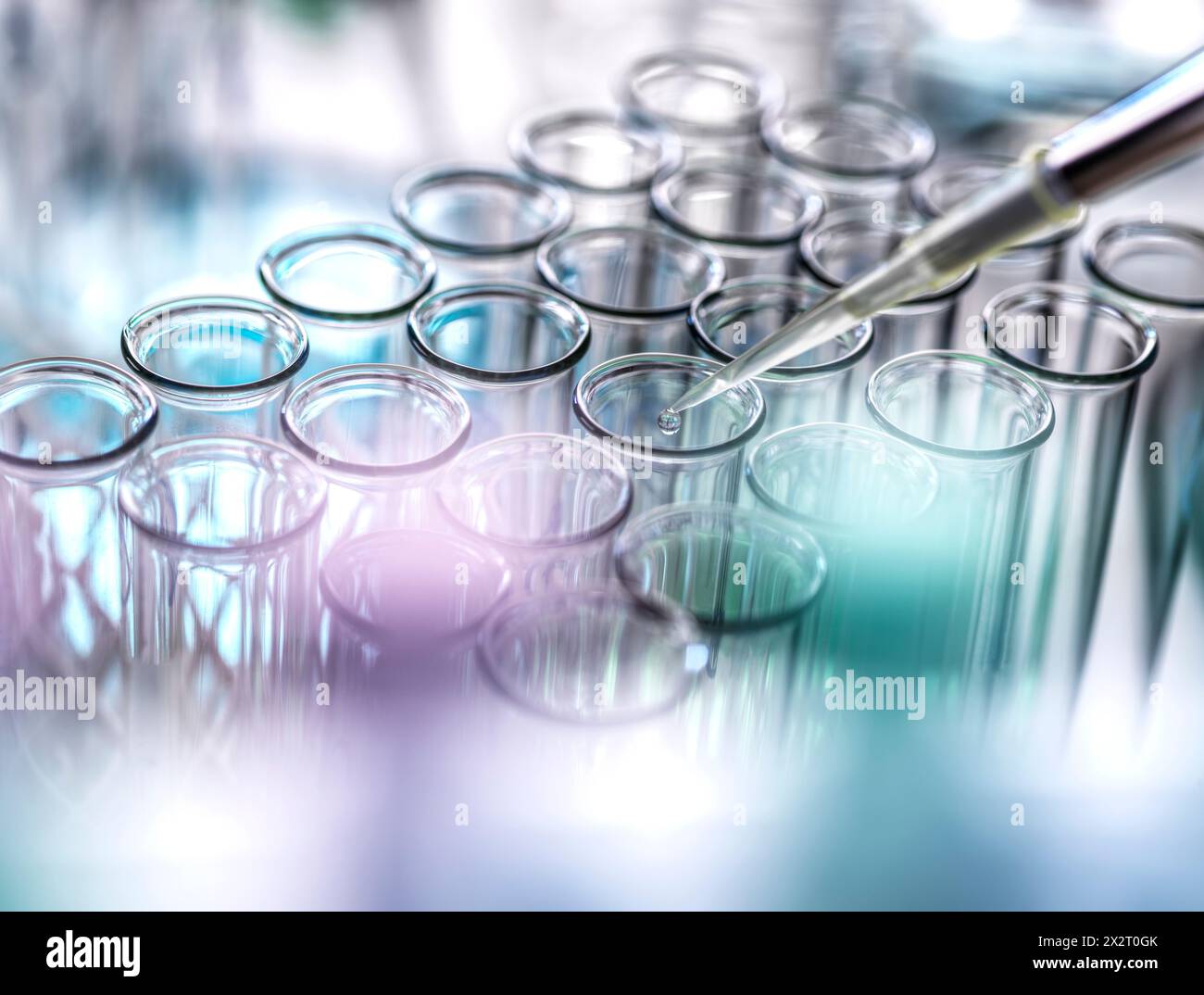 Scientifique pipettant une goutte d'échantillon dans des tubes à essai au laboratoire Banque D'Images