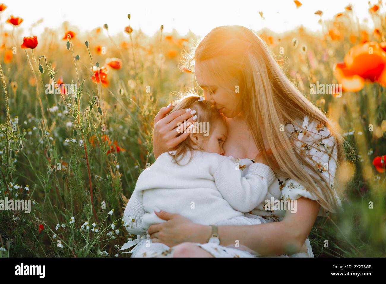 Mère embrassant sa fille et allaitant dans le champ de fleurs Banque D'Images