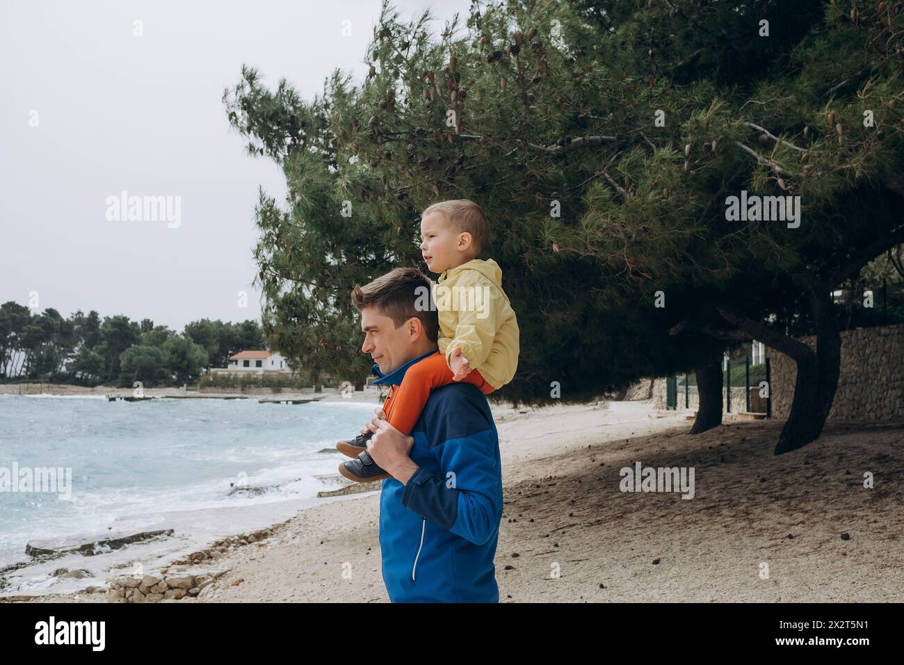 Father carrying son on shoulders at beach Banque D'Images