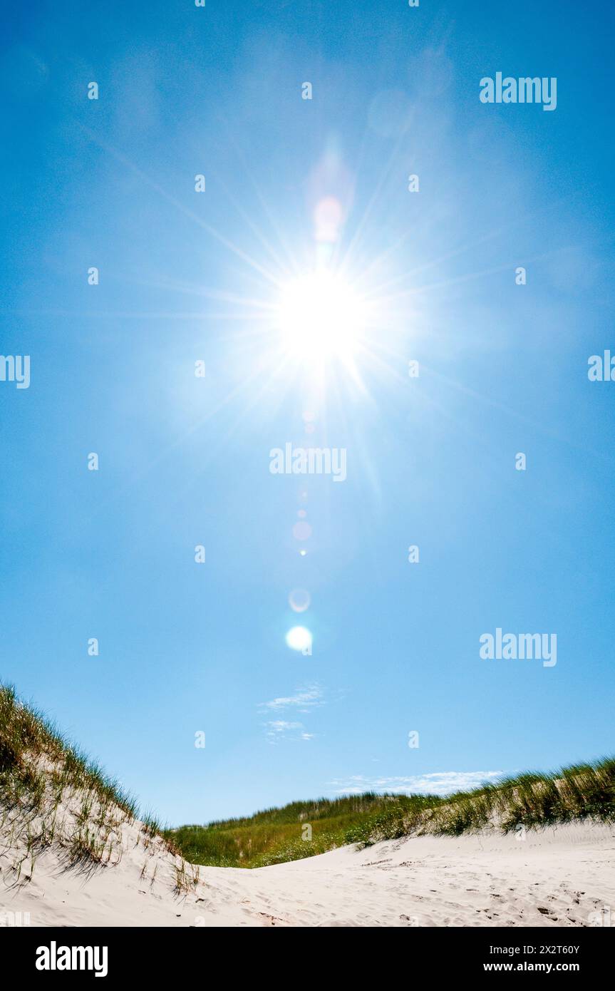 Allemagne, Schleswig-Holstein, Amrum, soleil brille sur la plage de sable Banque D'Images