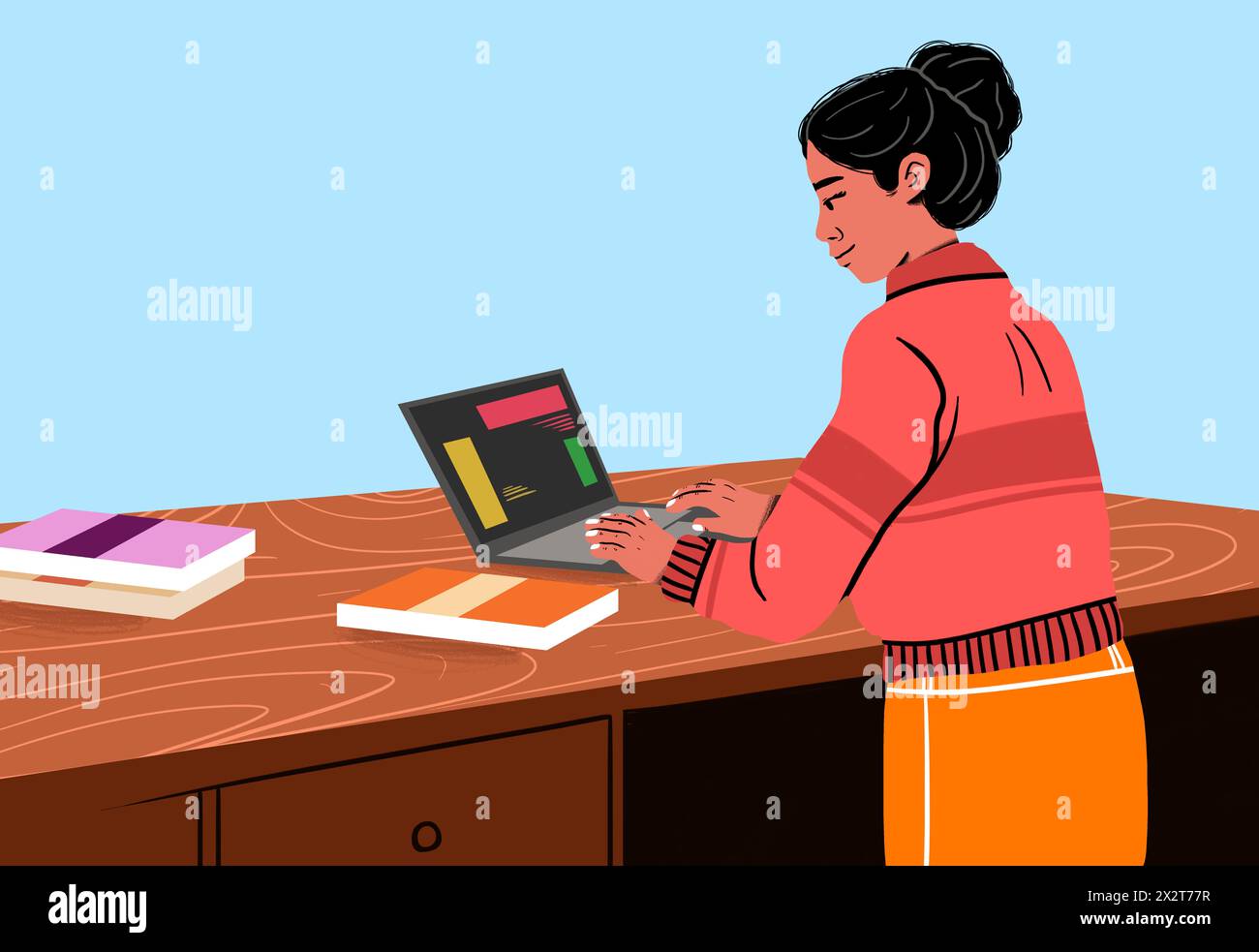 Femme d'affaires utilisant un ordinateur portable sur la table sur fond bleu Banque D'Images