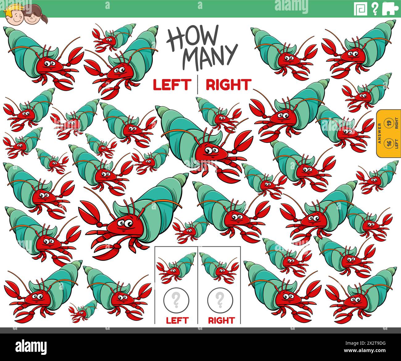 Illustration de bande dessinée de jeu éducatif de compter à gauche et à droite des images orientées de caractère animal de crabe ermite Illustration de Vecteur