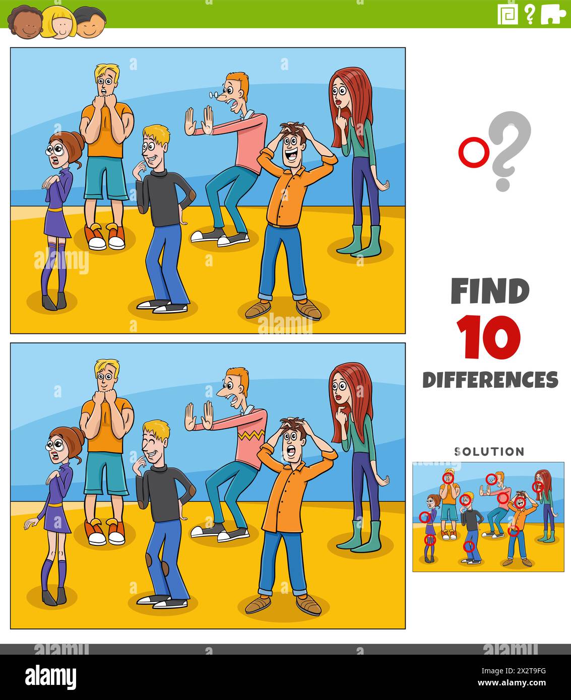 Illustration de dessin animé de trouver les différences entre les images activité éducative avec les jeunes gens surpris personnages groupe Illustration de Vecteur
