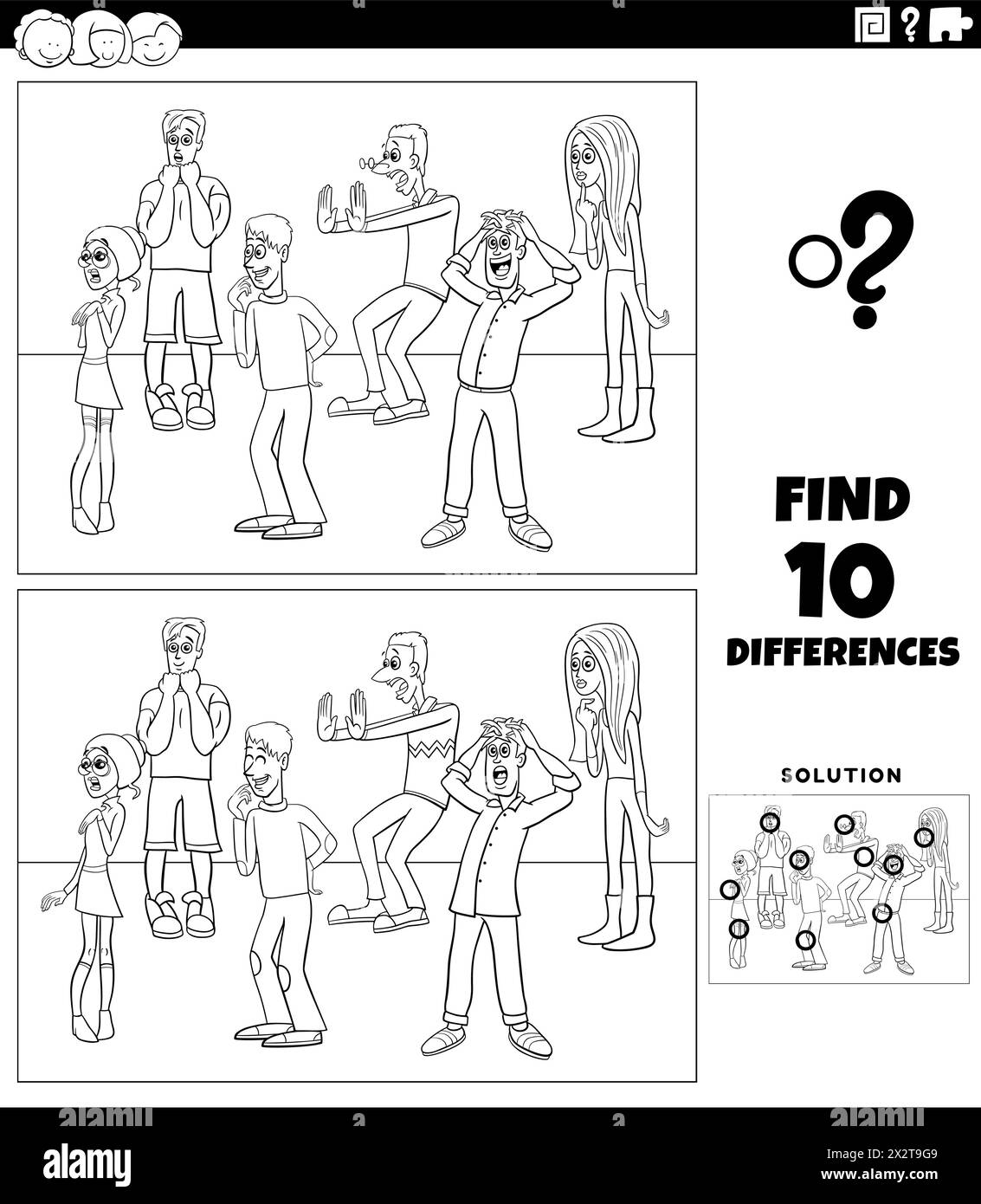 Illustration de dessin animé de trouver les différences entre les images activité éducative avec les jeunes personnages surpris page de coloriage de groupe Illustration de Vecteur