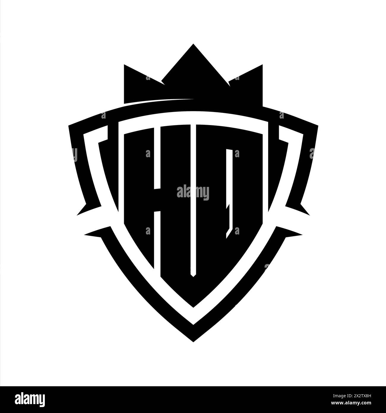 Monogramme en gras lettre HQ avec forme de bouclier courbe triangulaire avec modèle de conception de couleur de fond noir et blanc couronne Banque D'Images
