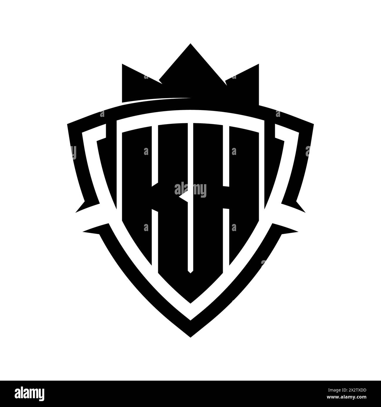 Monogramme en gras lettre KH avec forme de bouclier courbe triangle avec modèle de conception de couleur de fond noir et blanc couronne Banque D'Images