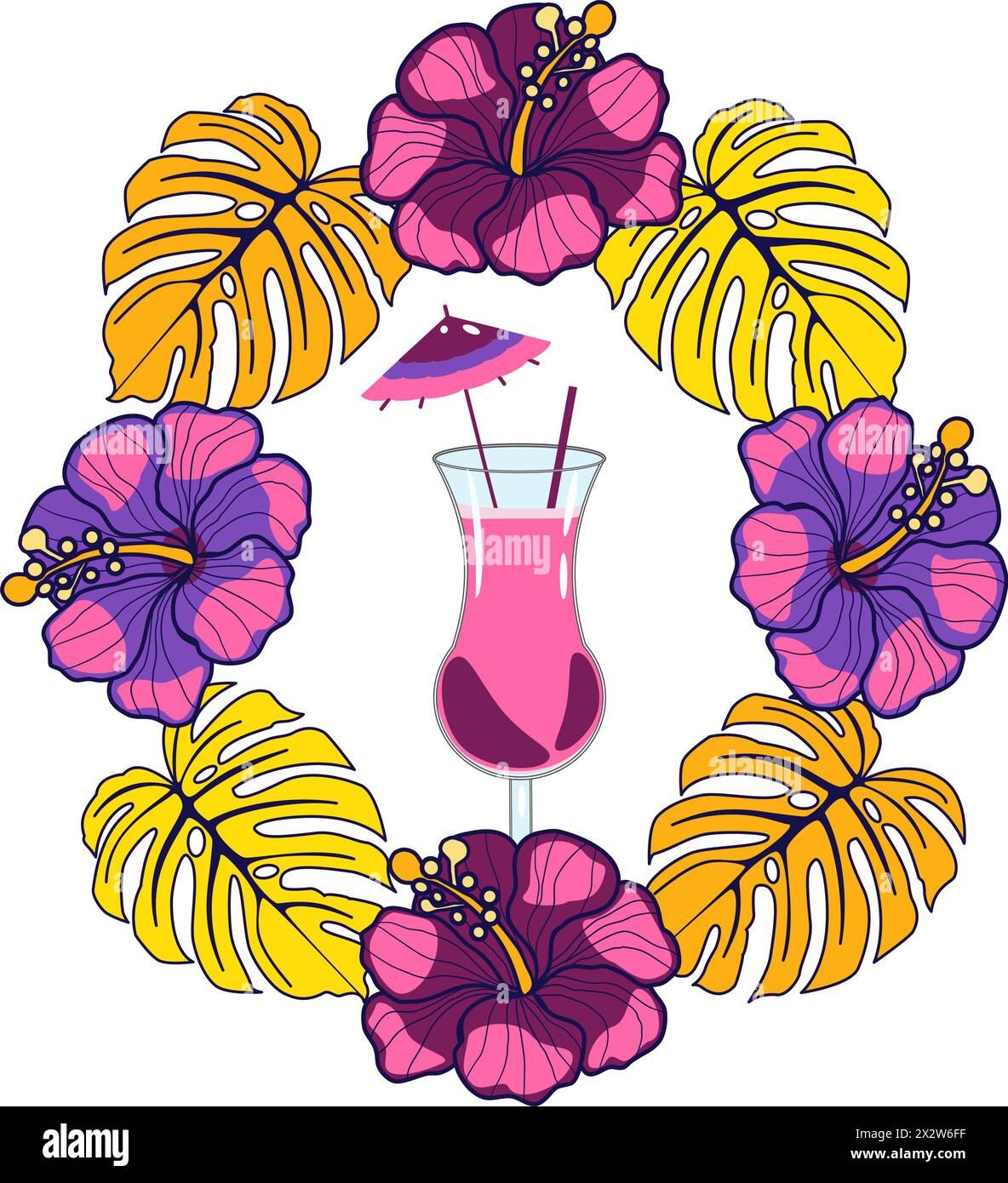 Cocktail d'été en couronne tropicale de feuilles de monstera et de fleurs d'hibiscus. Illustration vectorielle Illustration de Vecteur