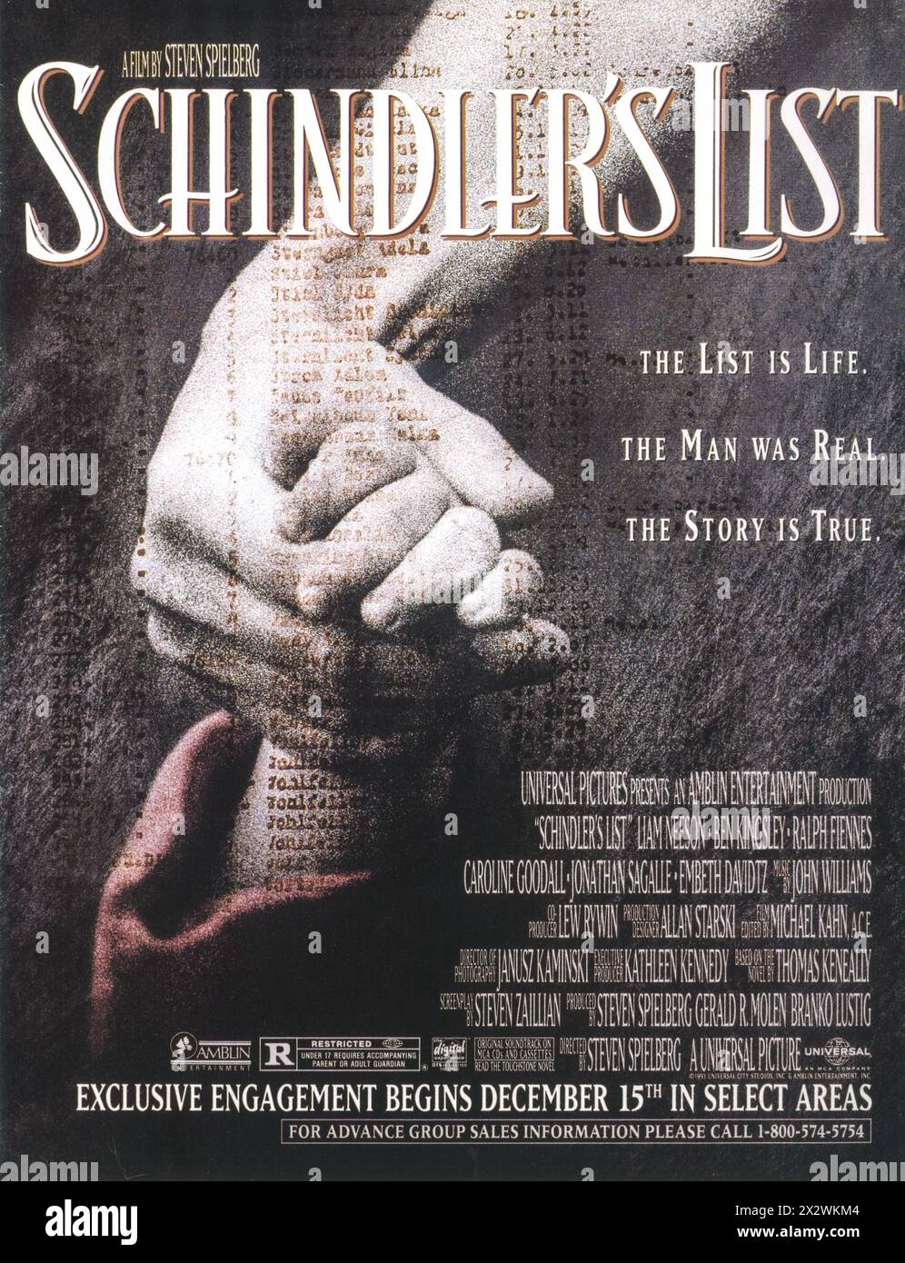 1993 affiche du film Schindler's List, réalisé par Steven Spielberg Banque D'Images