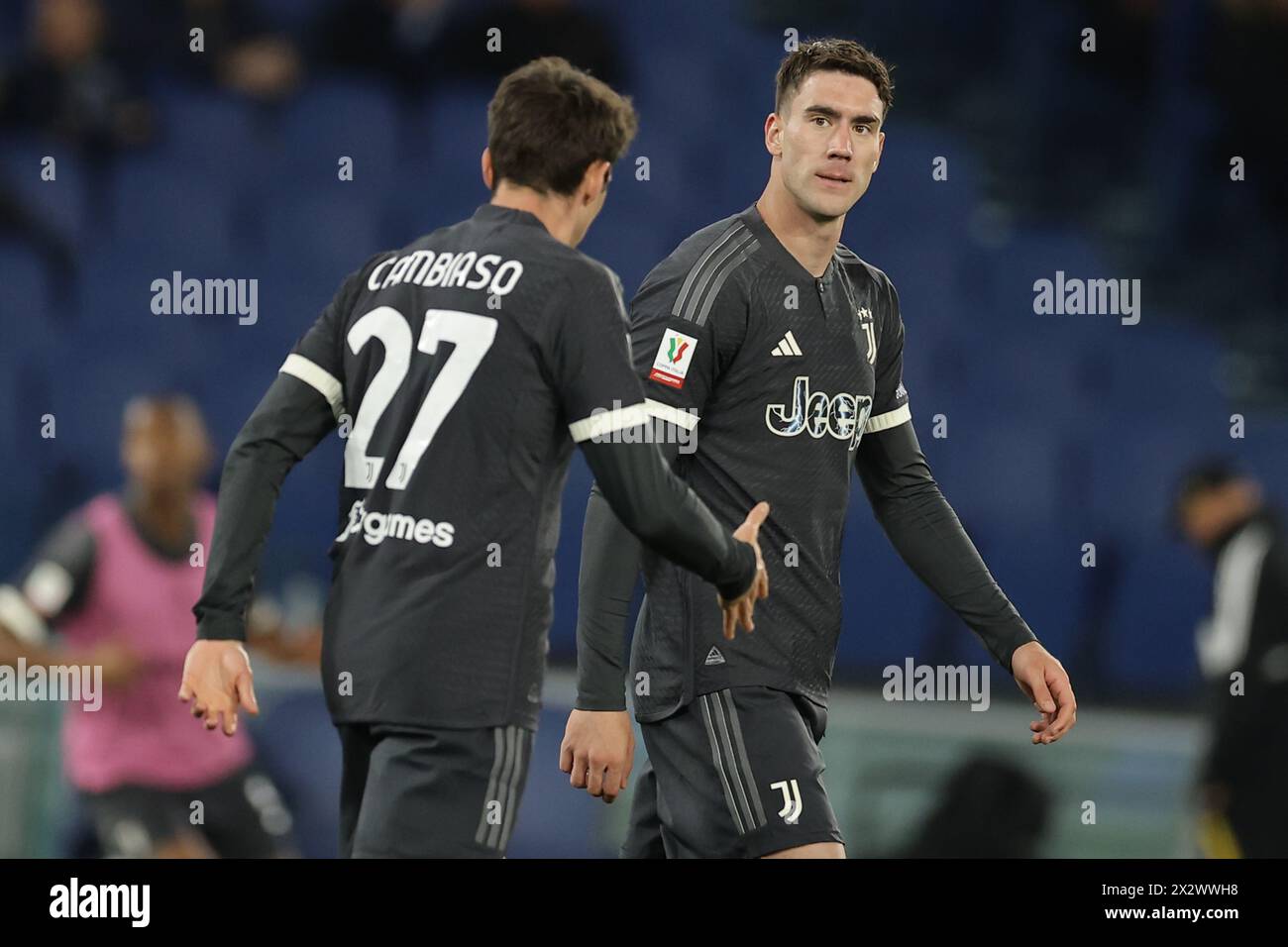 L'attaquant serbe de la Juventus Dusan Vlahovic lors du match de demi-finale de la Coupe d'italie SS Lazio vs Juventus au stade Olimpico le 23 avril 2024 à Rome. Banque D'Images L'attaquant serbe de la Juventus Dusan Vlahovic lors du match de demi-finale de la Coupe d'italie SS Lazio vs Juventus au stade Olimpico le 23 avril 2024 à Rome. Banque D'Images