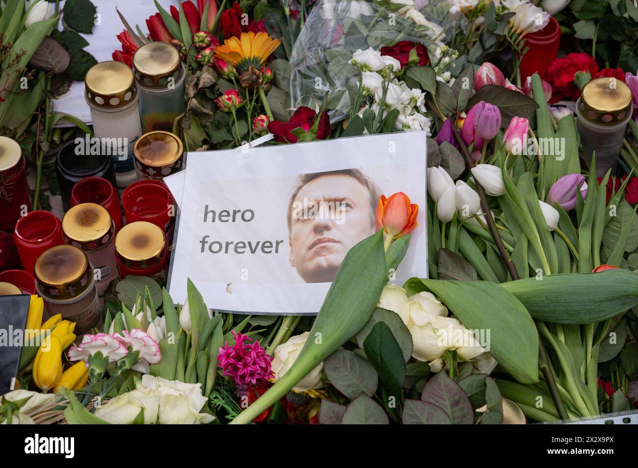 24.02.2024, Berlin, , Allemagne - Europe - un mémorial improvisé fait de fleurs, de bougies et d'images pour le chef de l'opposition russe Alexei Navalny Banque D'Images