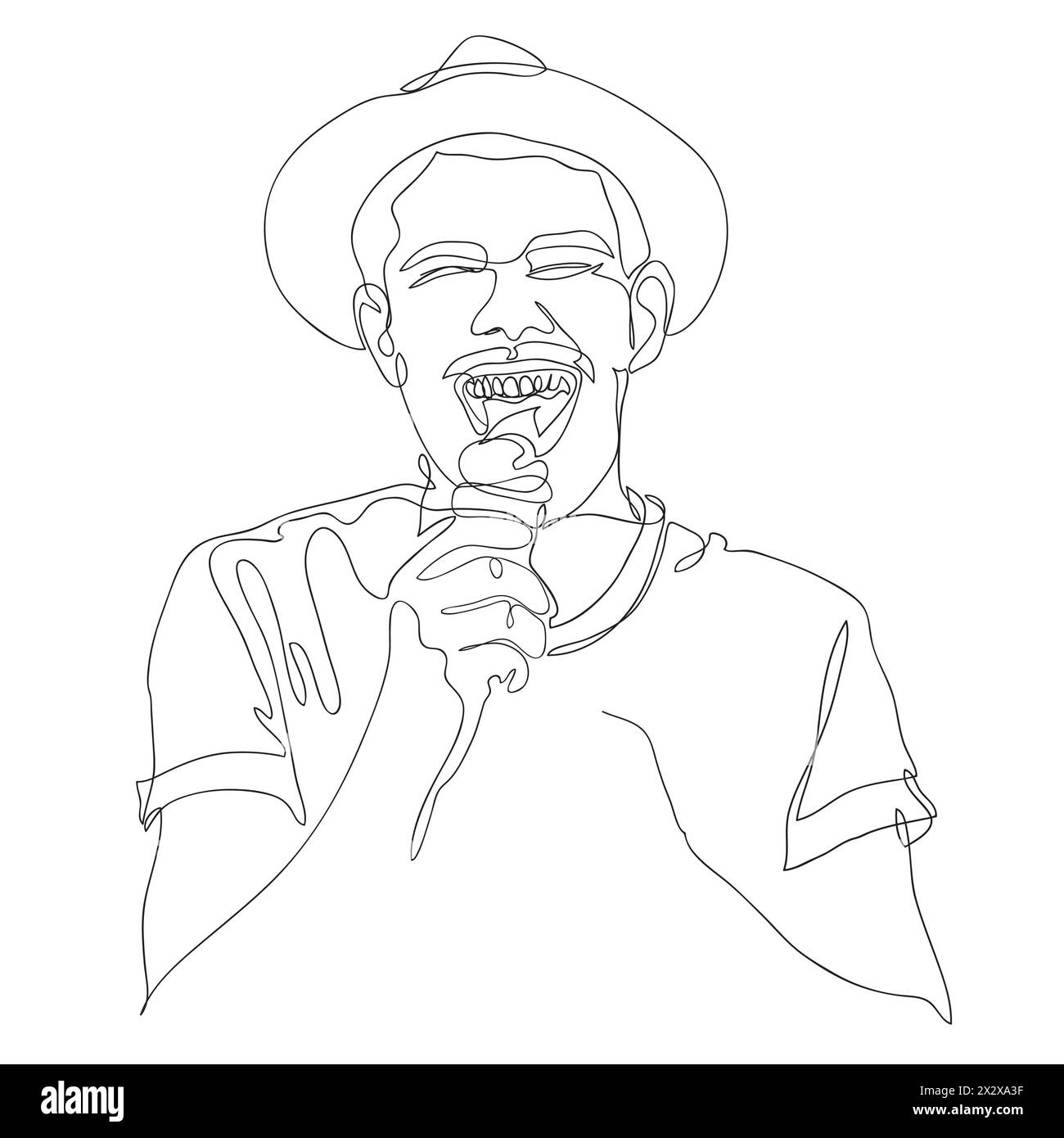 Dessin de ligne de jeune homme dans le chapeau mangeant cône de crème glacée heureux, ligne continue Banque D'Images