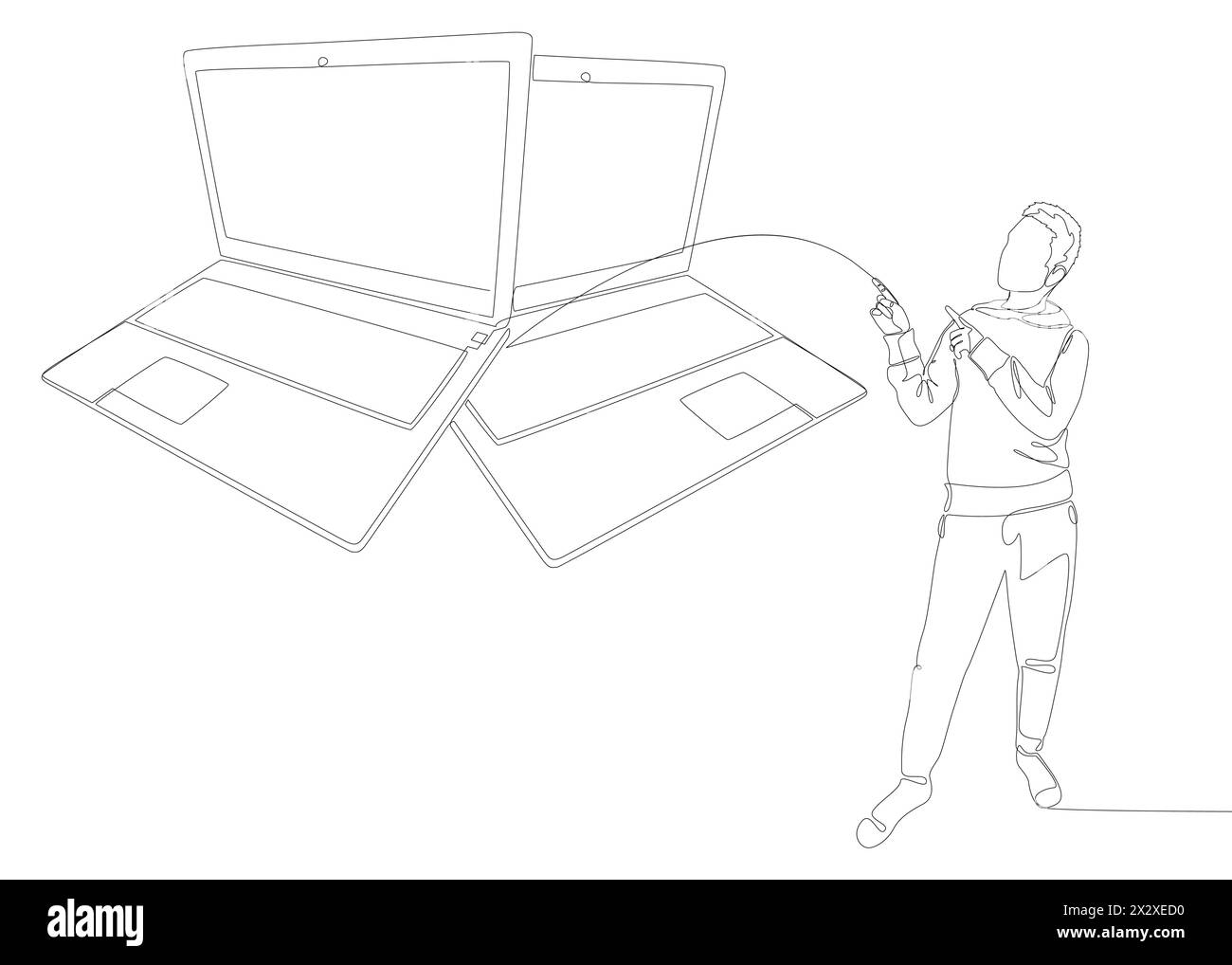 Une ligne continue d'homme pointant du doigt sur l'ordinateur portable. Concept vectoriel d'illustration de ligne mince. Contour Drawing idées créatives. Illustration de Vecteur