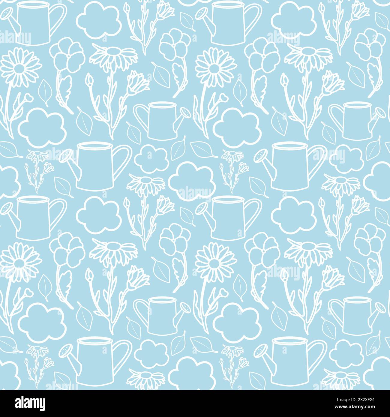 Modèle sans couture avec des fleurs vectorielles blanches et des pots d'arrosage Banque D'Images