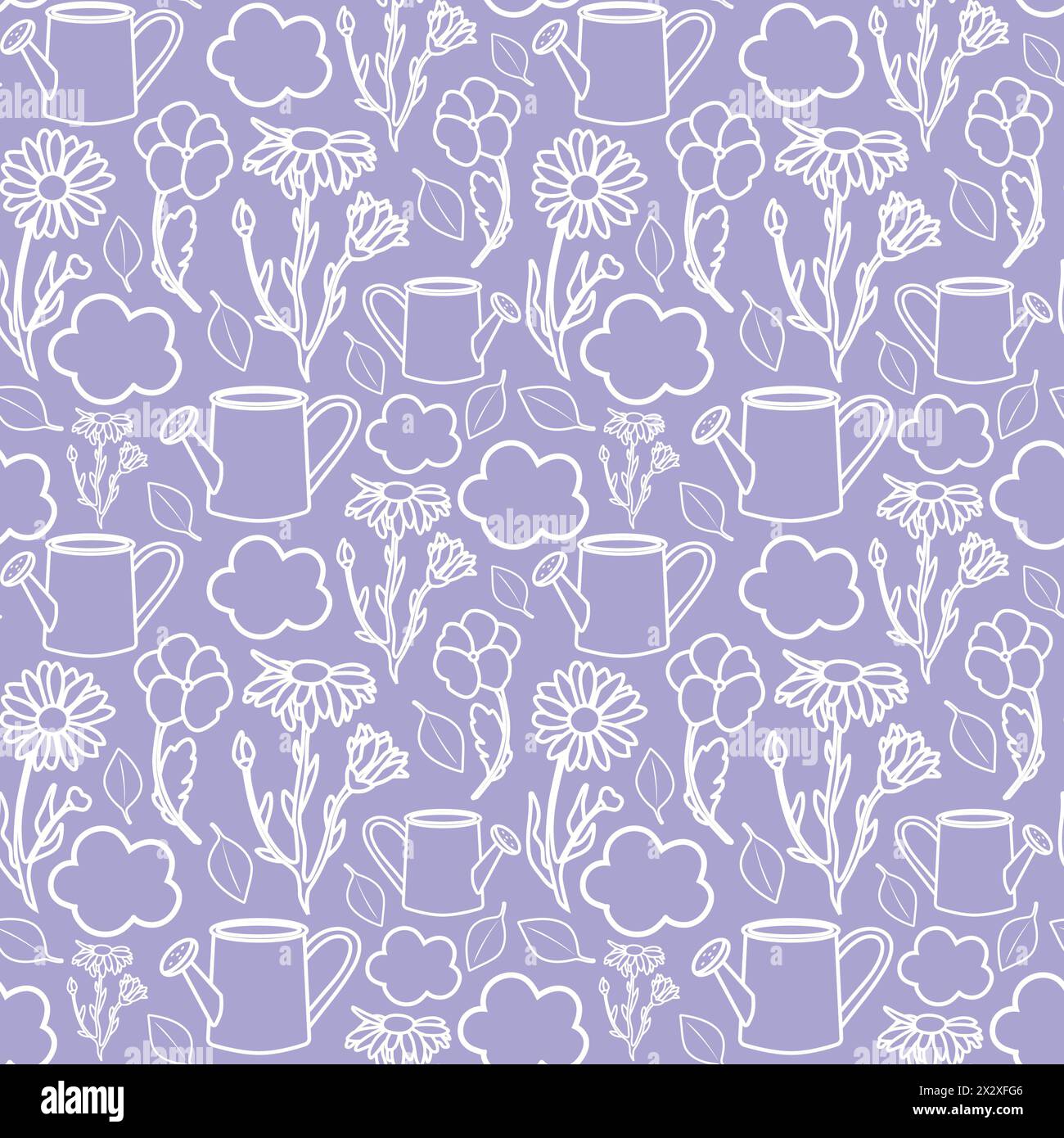 Modèle sans couture avec des fleurs vectorielles blanches et des pots d'arrosage Banque D'Images