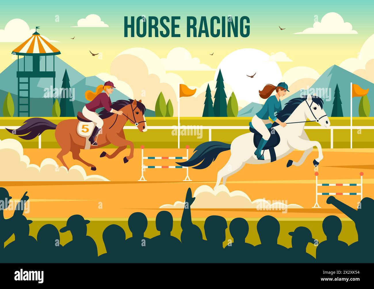 Illustration vectorielle de compétition de courses de chevaux avec sport de performance équestre et cavalier ou Jockeys dans un hippodrome sur fond de dessin animé plat Illustration de Vecteur