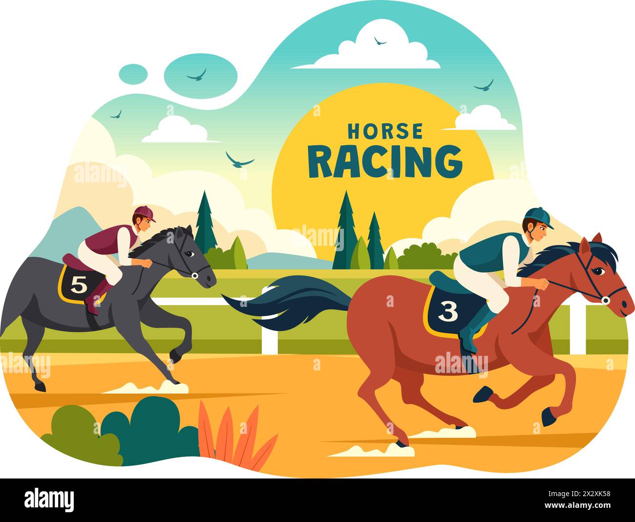 Illustration vectorielle de compétition de courses de chevaux avec sport de performance équestre et cavalier ou Jockeys dans un hippodrome sur fond de dessin animé plat Illustration de Vecteur