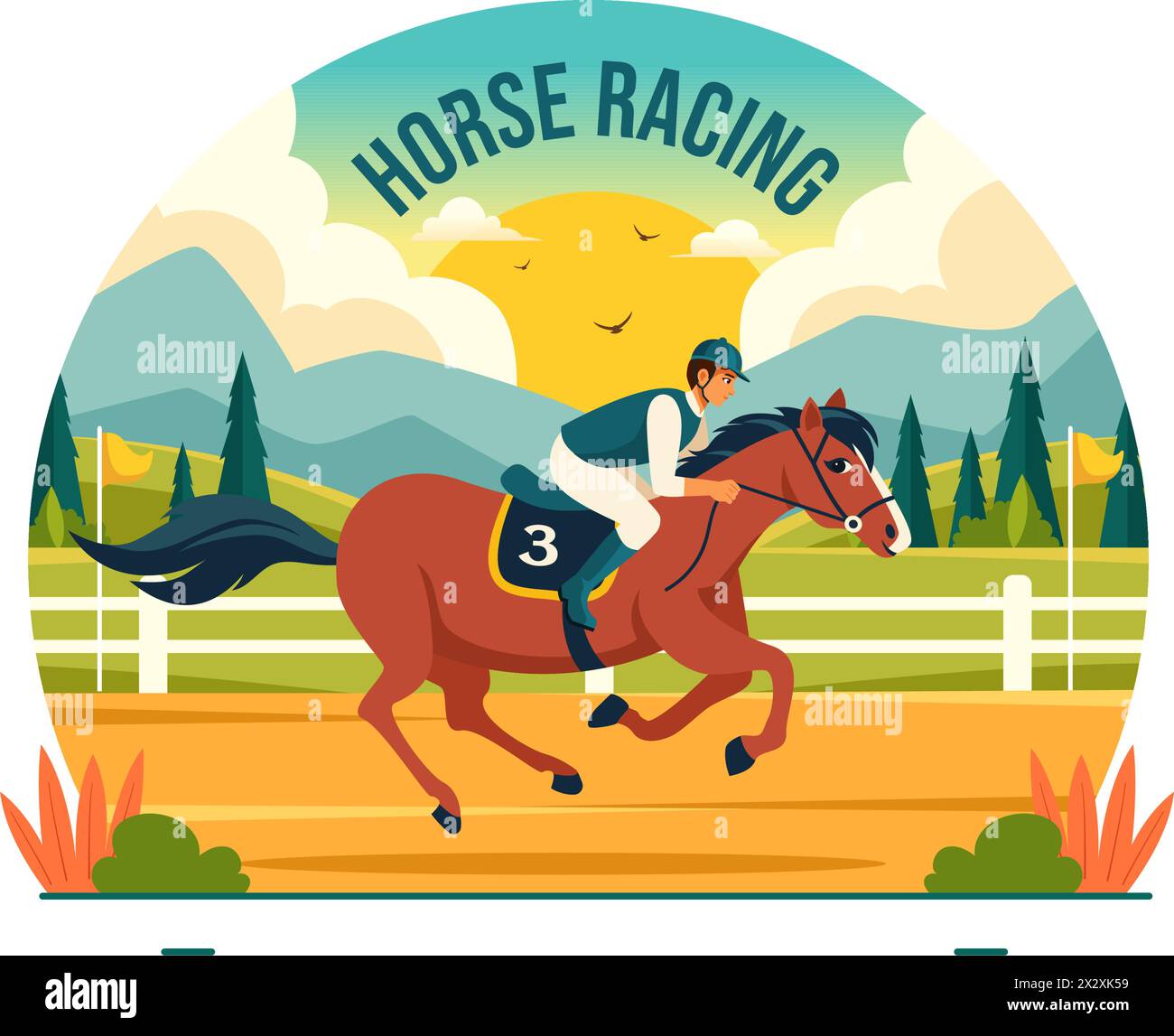 Illustration vectorielle de compétition de courses de chevaux avec sport de performance équestre et cavalier ou Jockeys dans un hippodrome sur fond de dessin animé plat Illustration de Vecteur