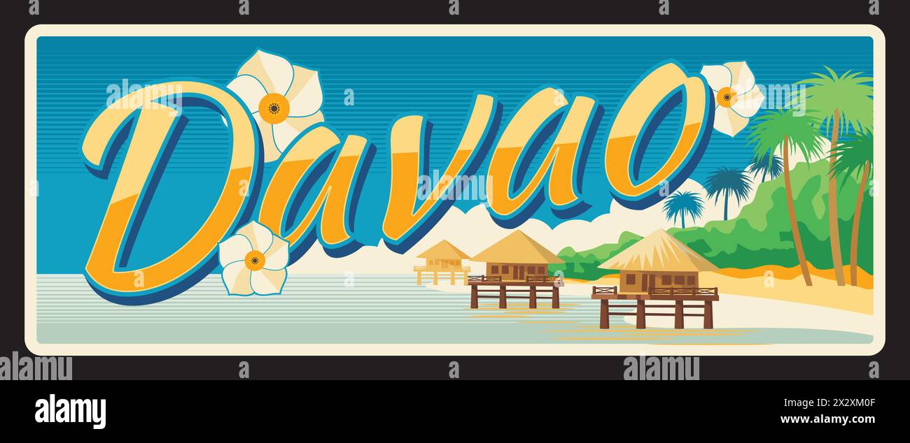 Davao Philippines zone administrative, paysage de la région XI. Plaque de voyage de vecteur, signe d'étain vintage, carte postale de vacances rétro ou panneau de voyage. Plaque avec plage et fleurs, bungalow en bois Illustration de Vecteur