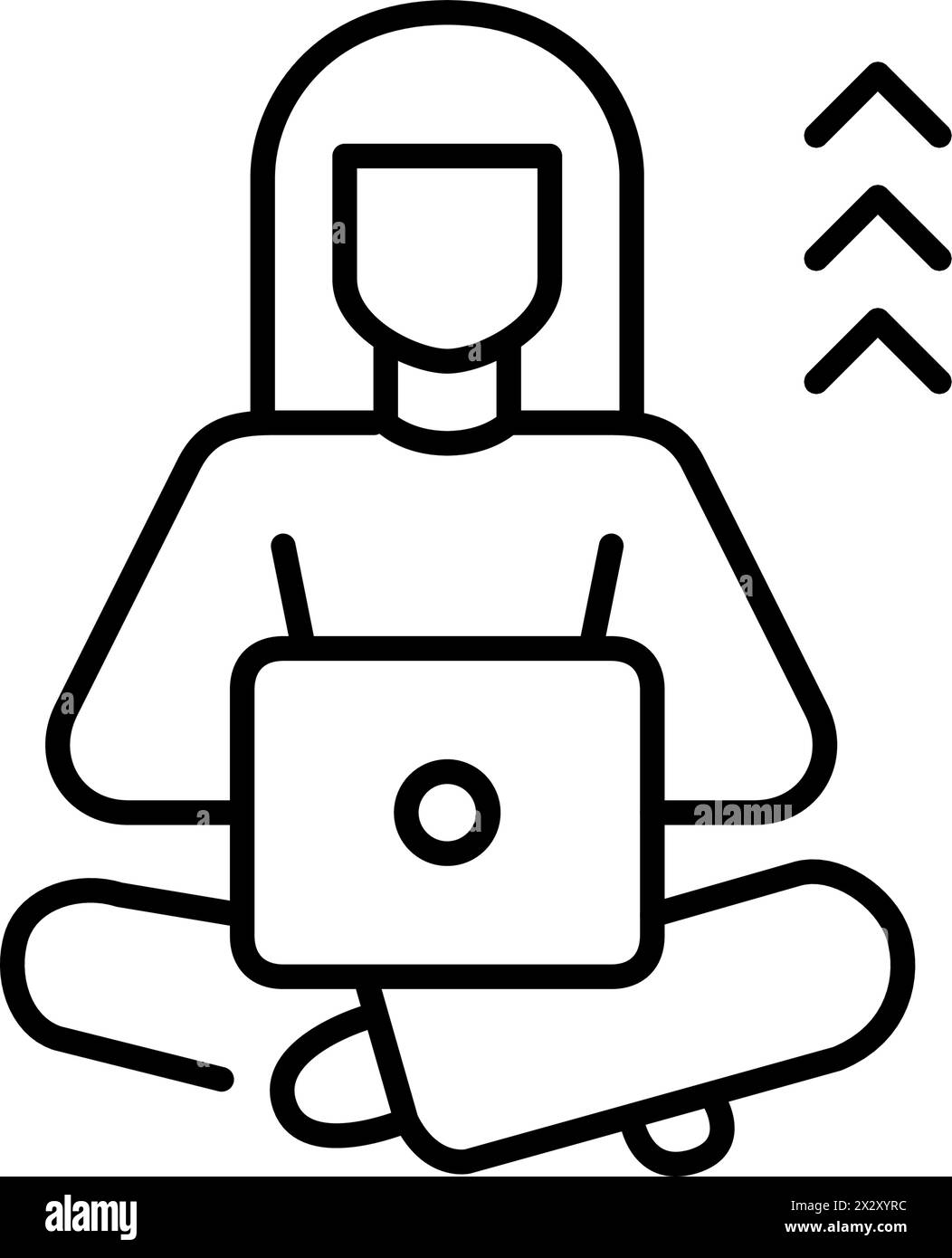 Femme travaillant à l'ordinateur portable avec des flèches derrière elle. Évolution de carrière et réussite dans les emplois éloignés. Vecteur parfait de pixel Illustration de Vecteur